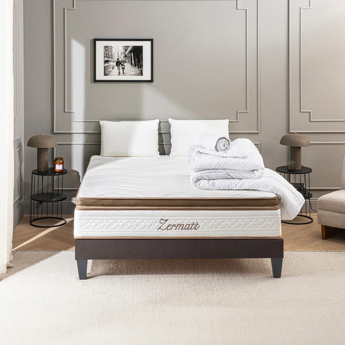 BELLECOUR BELLECOUR LITERIE | Pack Prêt à dormir ZERMATT | Matelas Mémoire de forme + Sommier + Accessoires