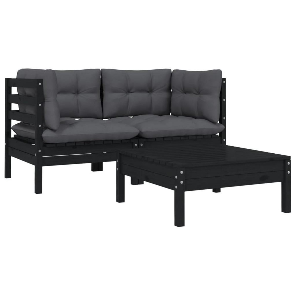 VIDAXL Salon de jardin 3 pcs avec coussins Noir Bois de pin massif