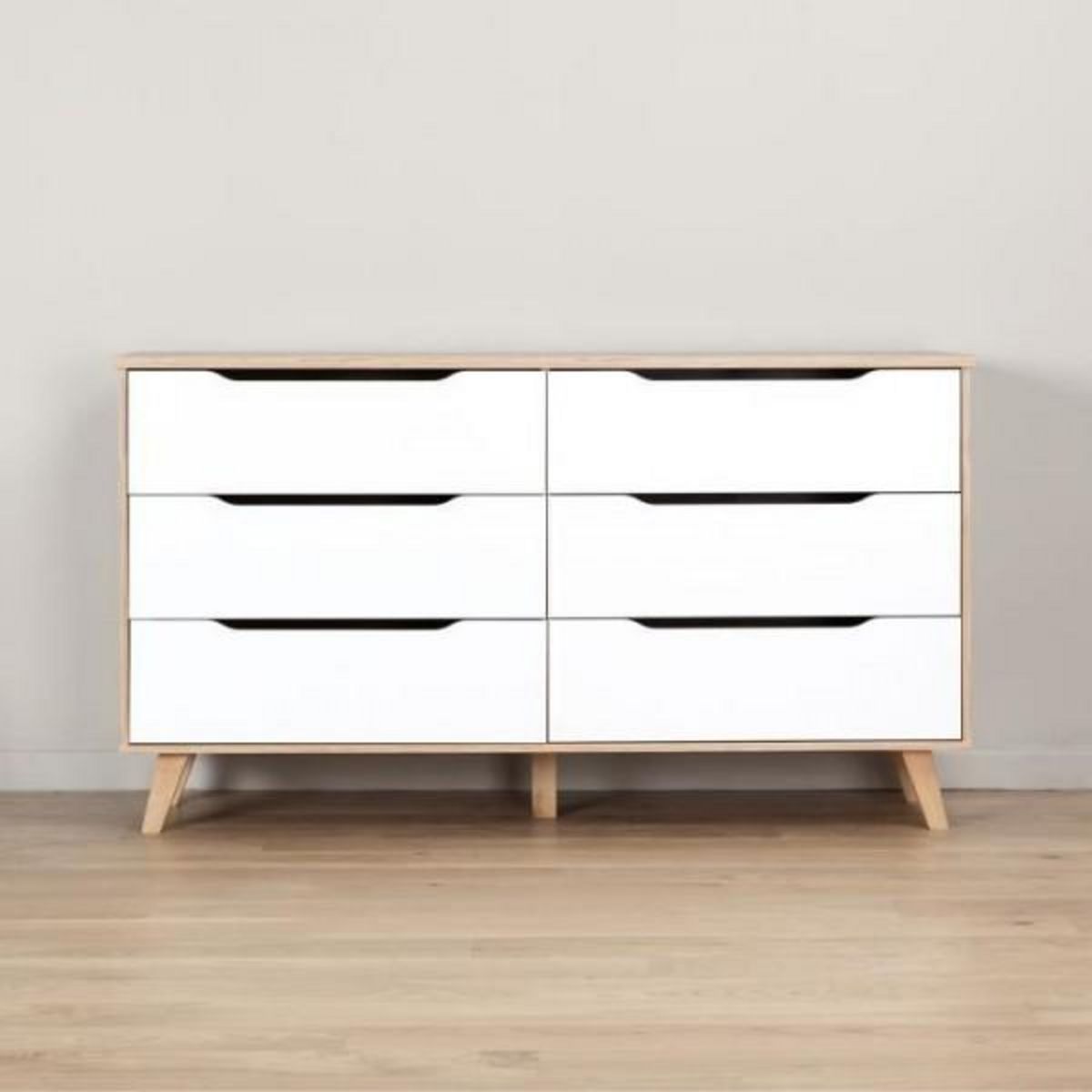 MARKET24 Commode 6 tiroirs - En panneaux de particules - Décor chene et blanc - Contemporain - L 154 x P 42 x H 86 cm