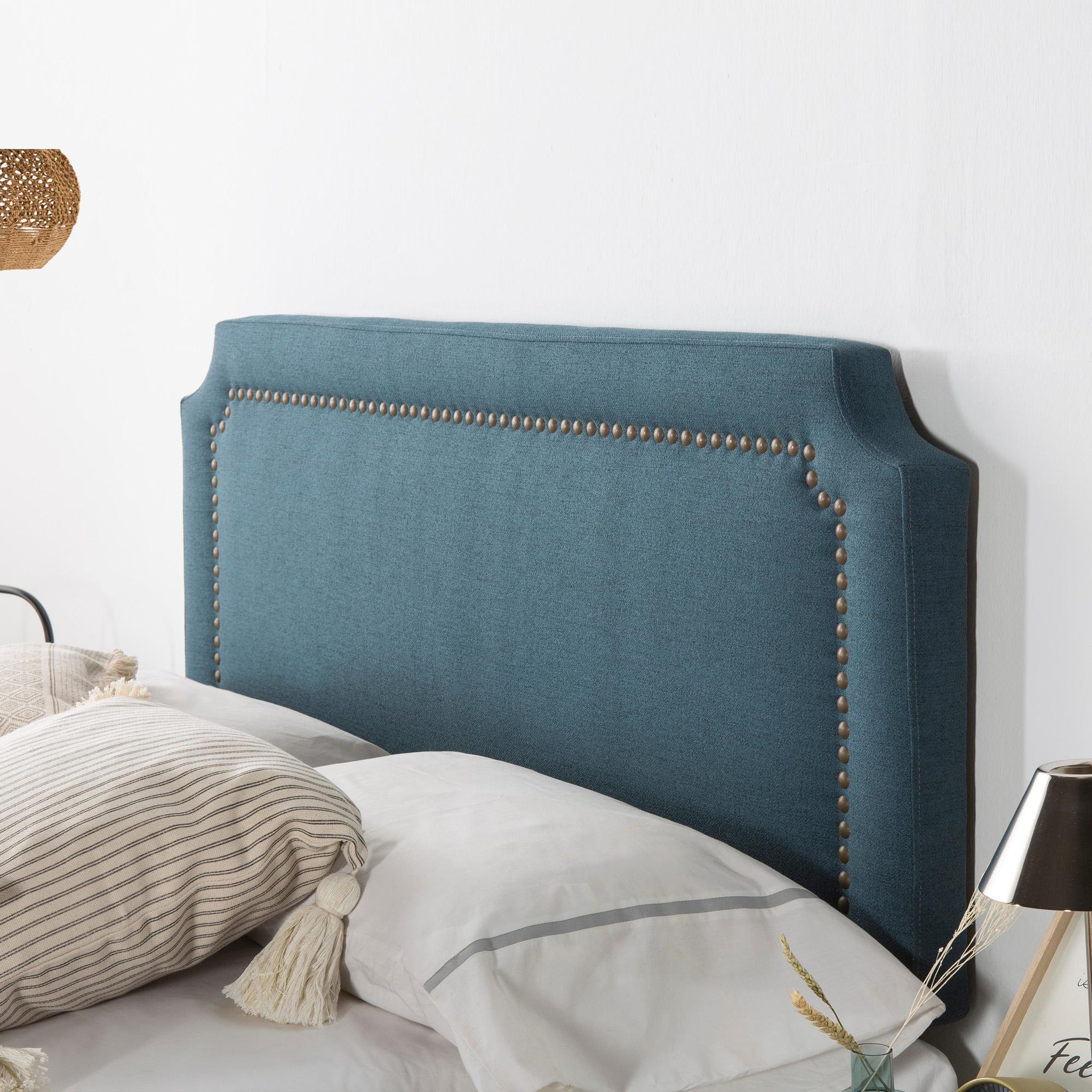 Voir la diapositive 4 : MARCKONFORT Tête de lit tapissée Leonor 160x60 cm Bleu, Clous en Marron
