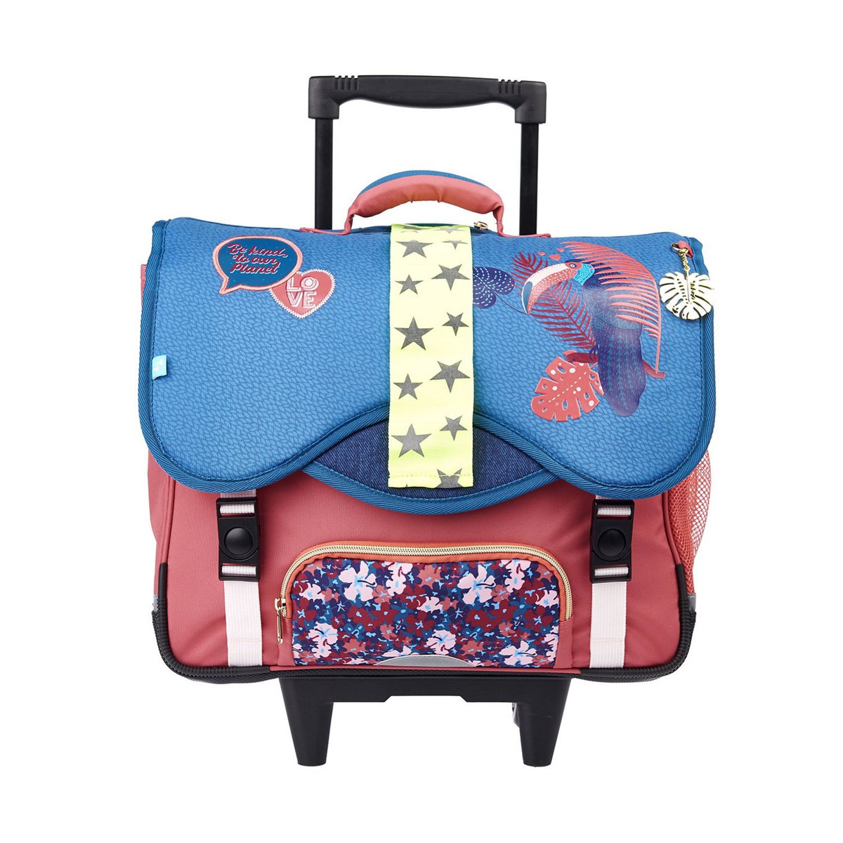 AUCHAN Cartable à roulettes 41 cm CM1/CM2 multicolore avec breloque NATURE LOVER