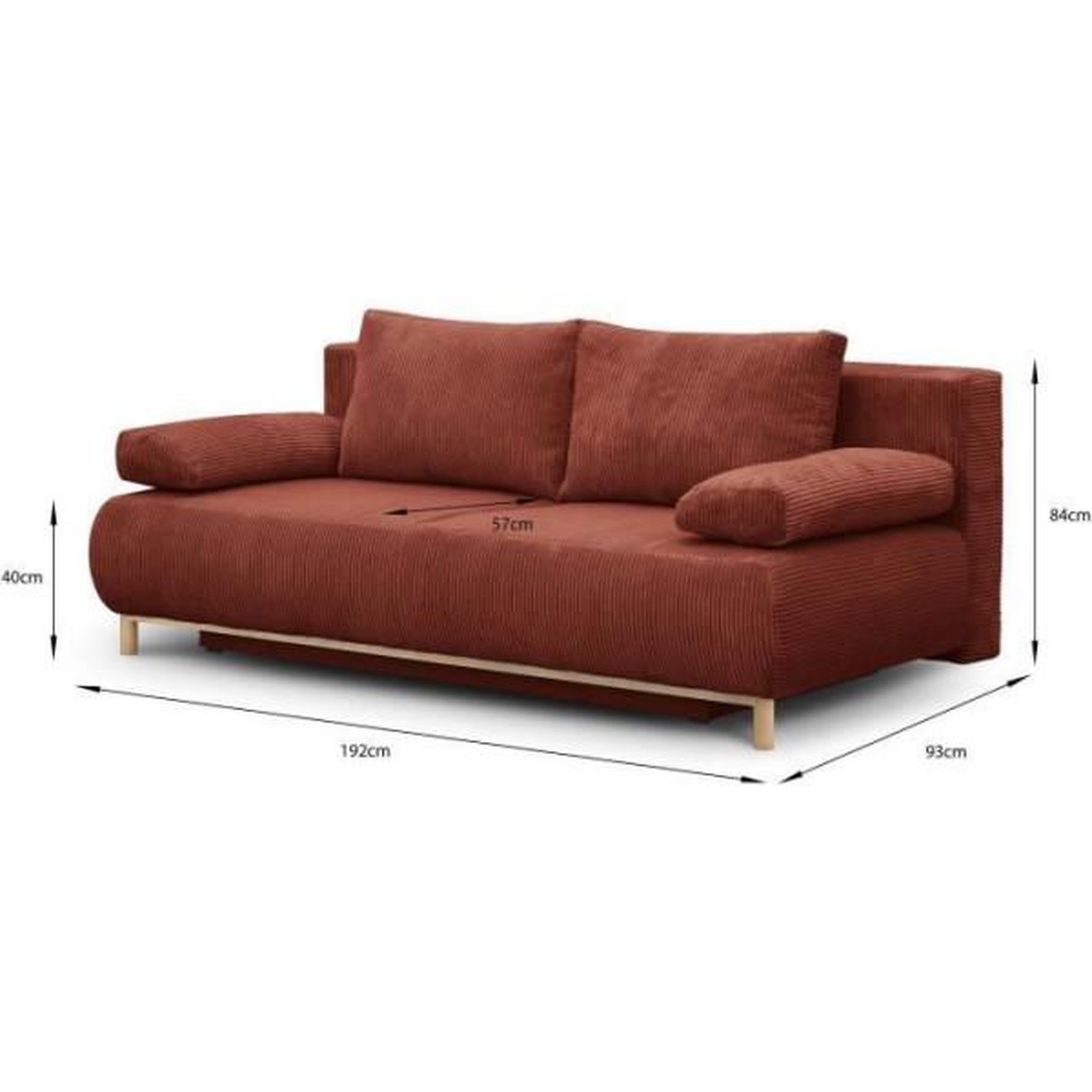 Voir la diapositive 4 : MARKET24 Banquette convertible 3 places MIKA - Velours côtelé Terracotta - Coffre de rangement - L 192 x H 84 x P 93 cm
