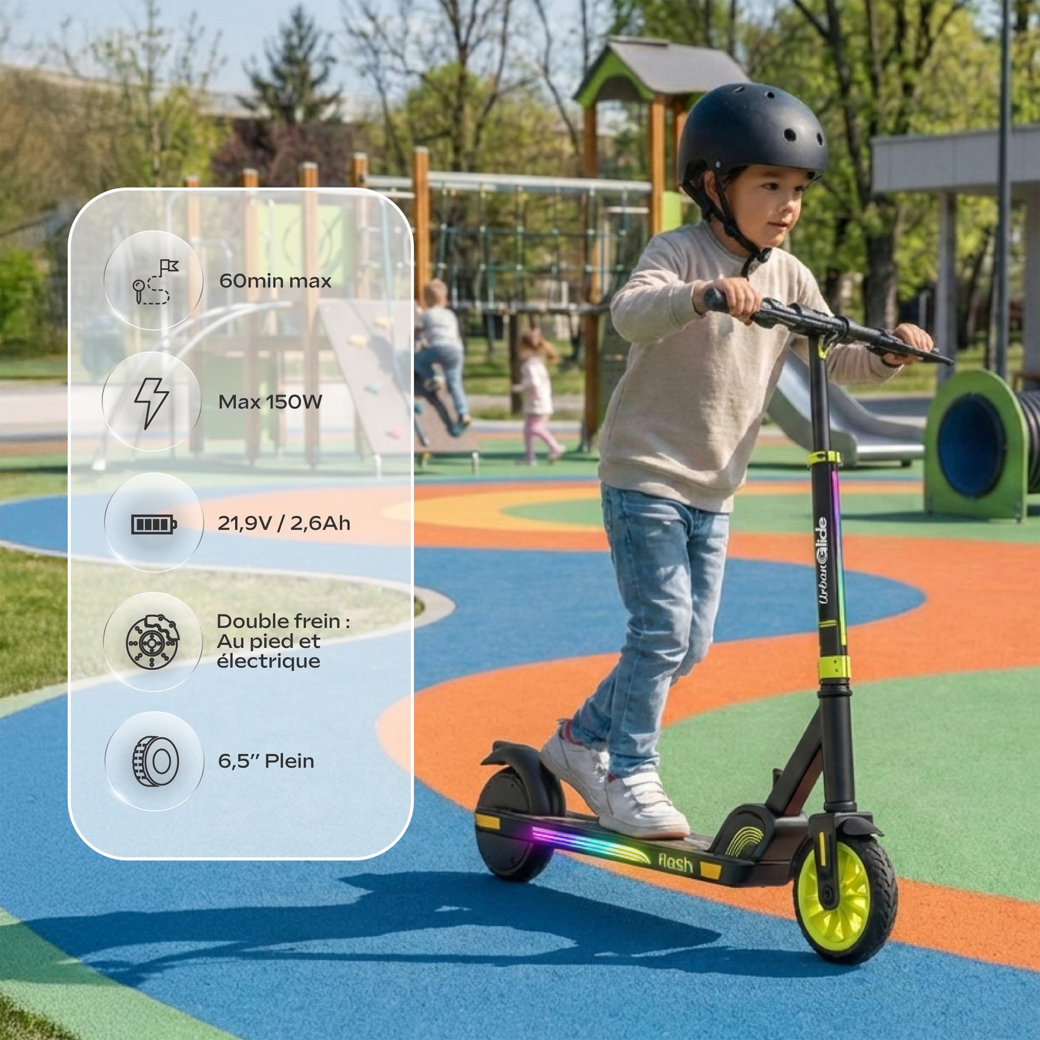 Voir la diapositive 6 : URBANGLIDE Ride flash – trottinette électrique enfant 6 ans+ | 16km/h | lumières led rgb | 6,5 kg