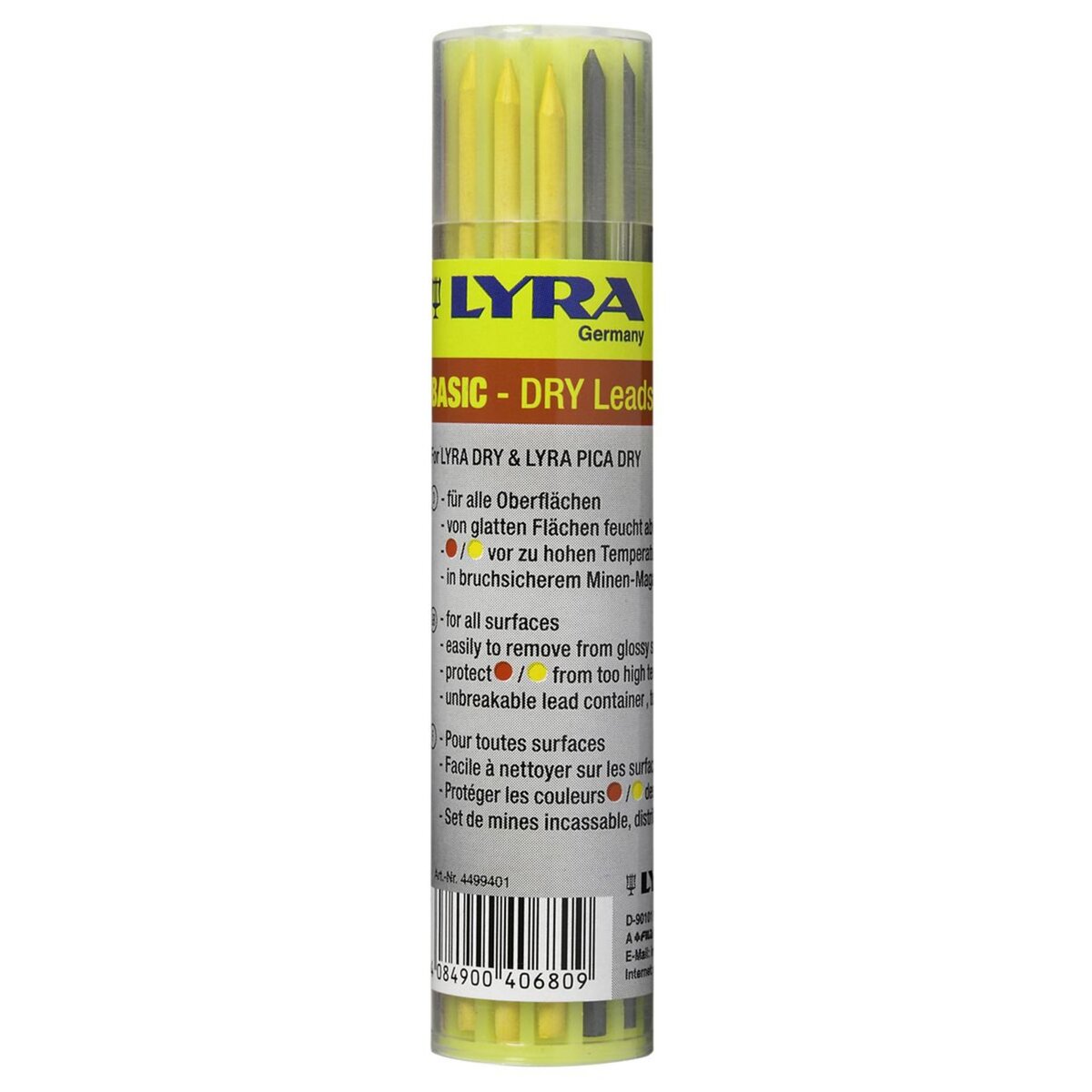 Lyra Etui de 12 mines LYRA DRY couleur (6 graphites, 3 rouges, 3 jaunes)