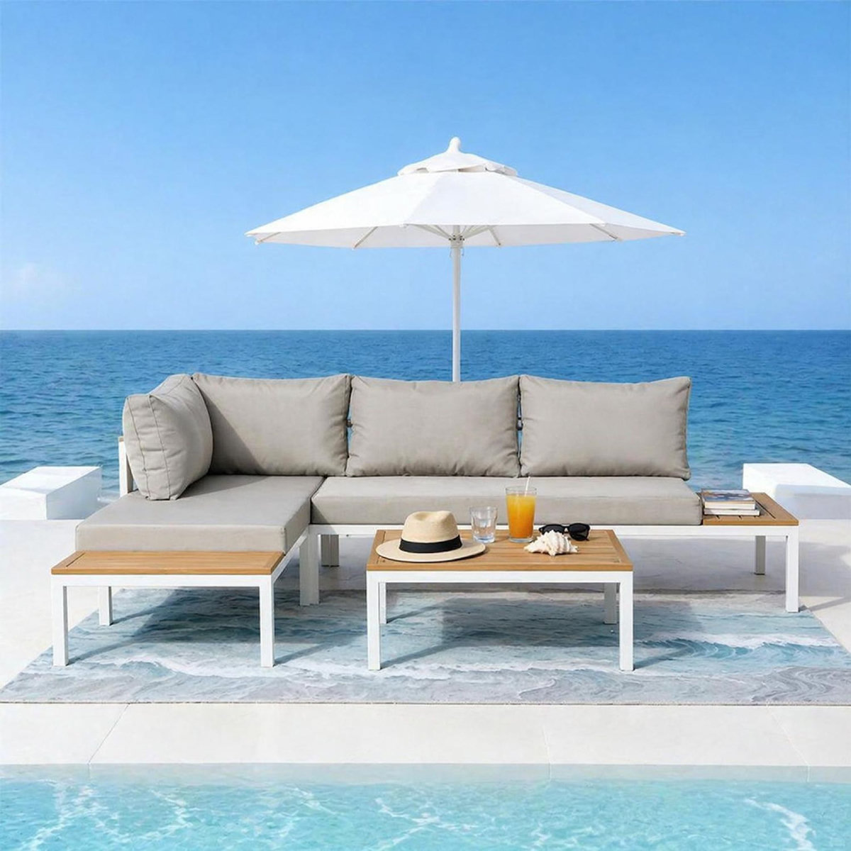 CONCEPT USINE Salon de jardin 3-4 places avec table basse blanc et gris MAJURO