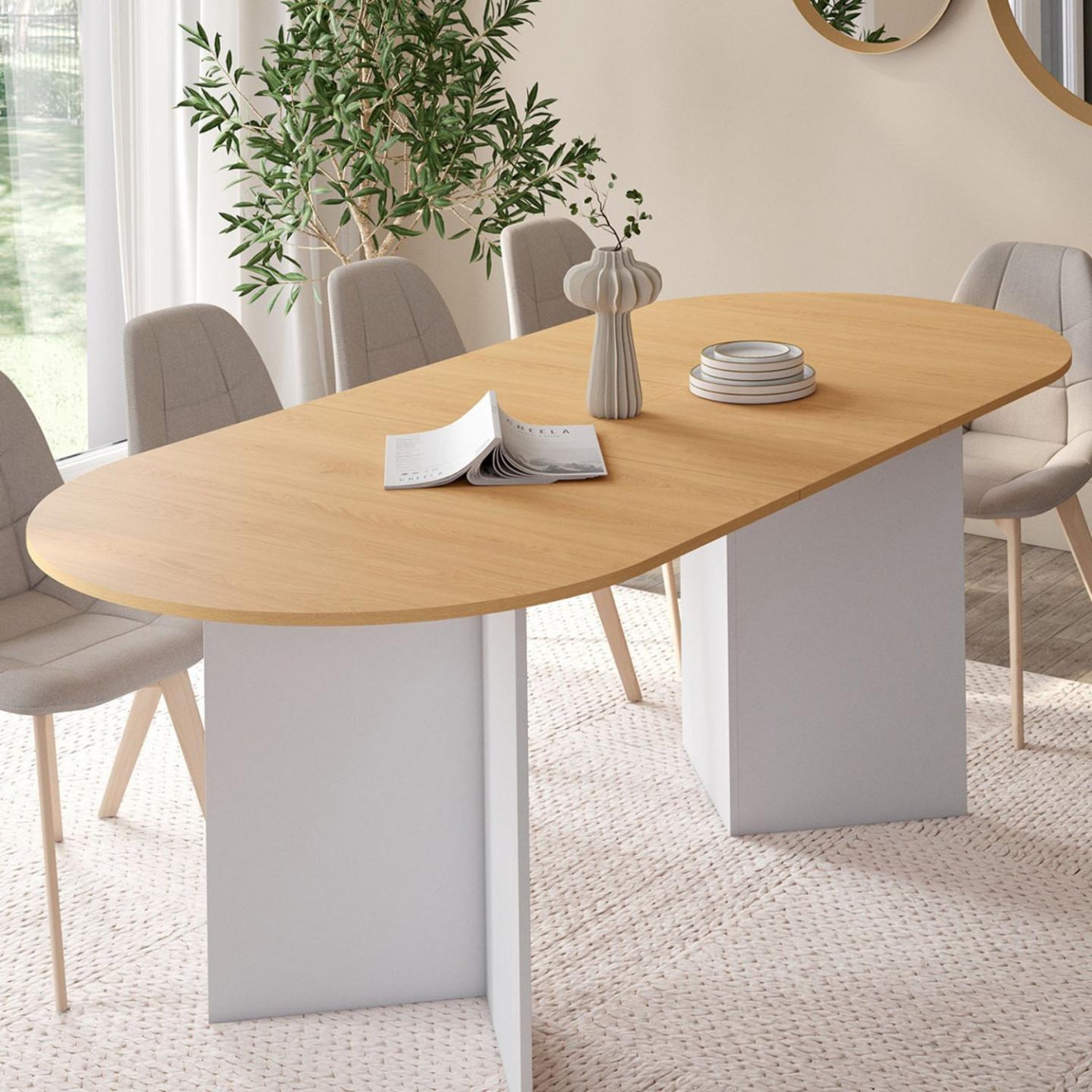 Voir la diapositive 2 : ID MARKET Table à manger extensible ovale marthe 6 -10 personnes bois façon hêtre et blanc 160-200 cm