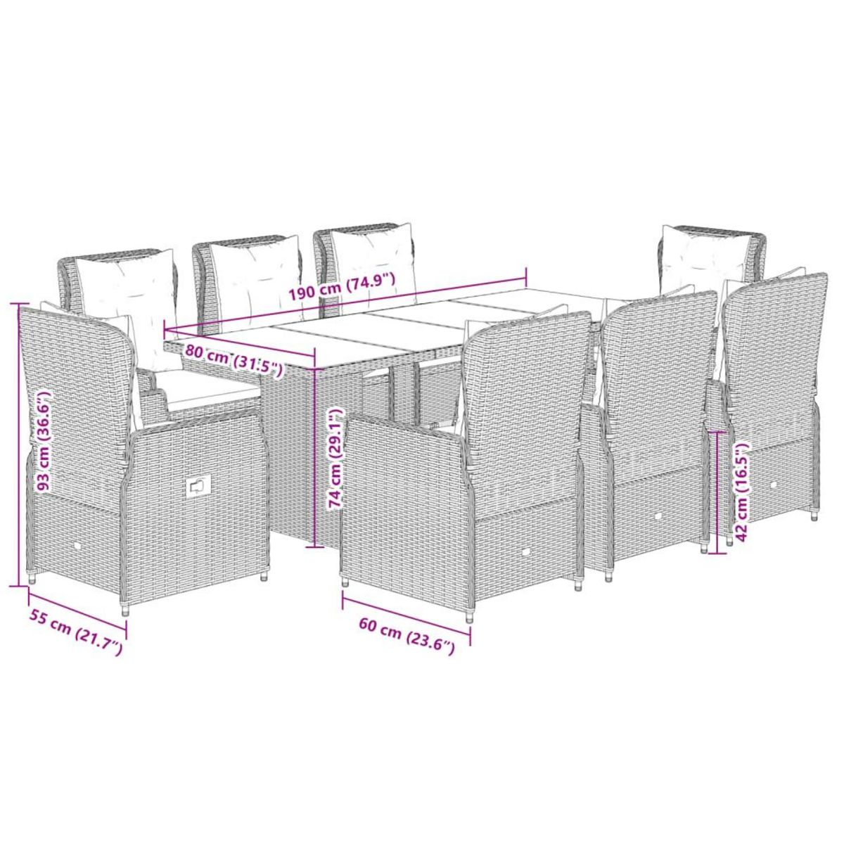 VIDAXL Ensemble a manger de jardin 9pcs coussins noir resine tressee