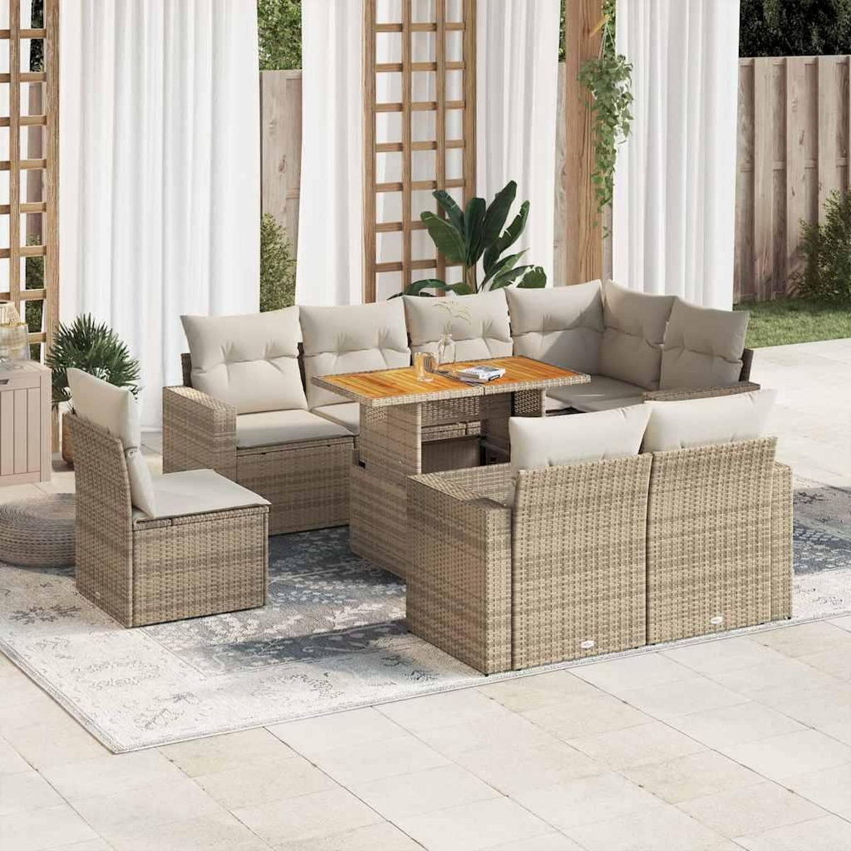 VIDAXL Salon de jardin avec coussins 9 pcs beige resine tressee