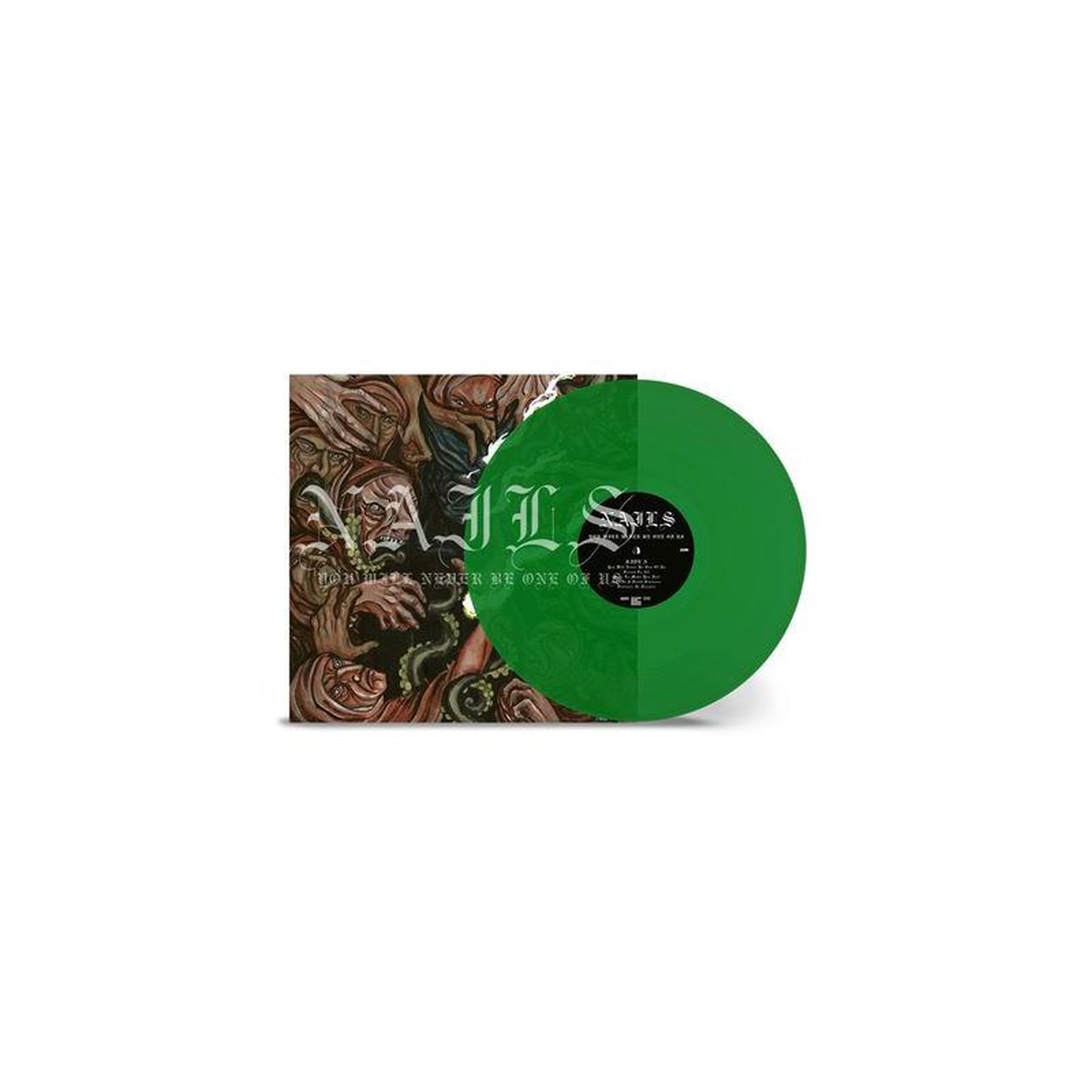 Vinyle single vert translucide « you will never be one of us » avec disque rond et étiquette noire