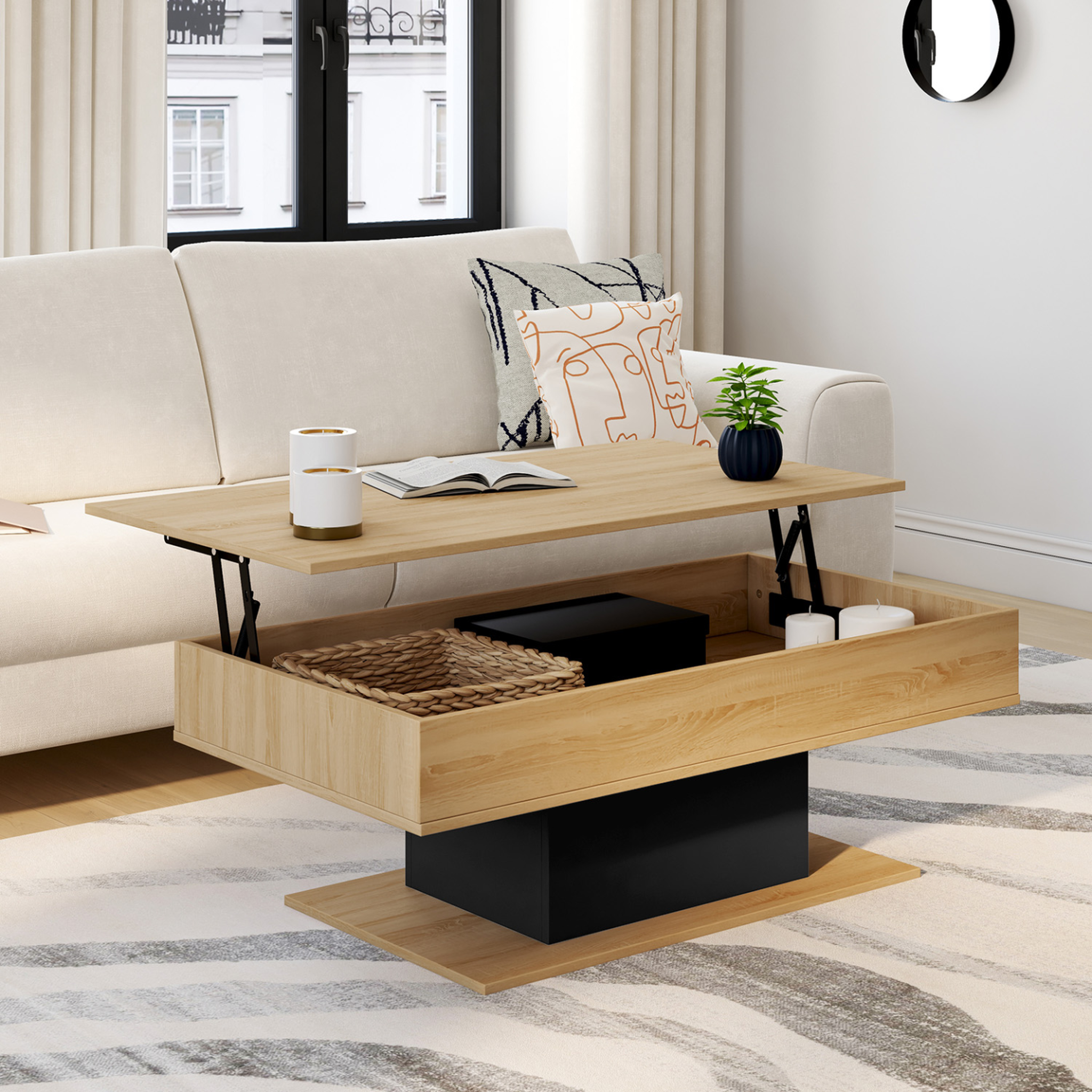 Voir la diapositive 2 : ID MARKET Table basse plateau relevable rectangulaire eden bois et noir