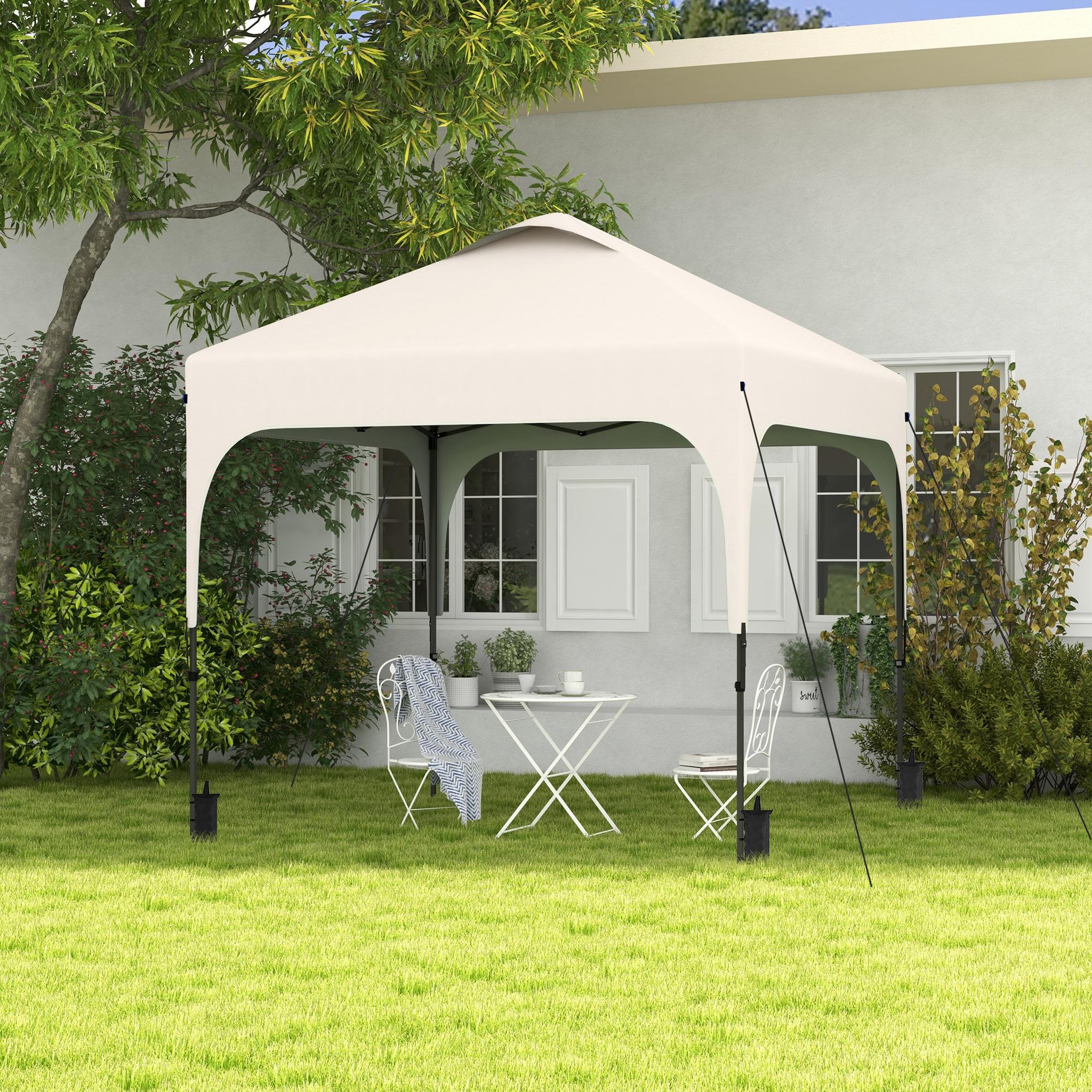 Voir la diapositive 2 : OUTSUNNY Tonnelle barnum automatique pop-up dim. 2,53L x 2,53l x 2,68H m hauteur réglable nombreux accessoires inclus acier oxford beige