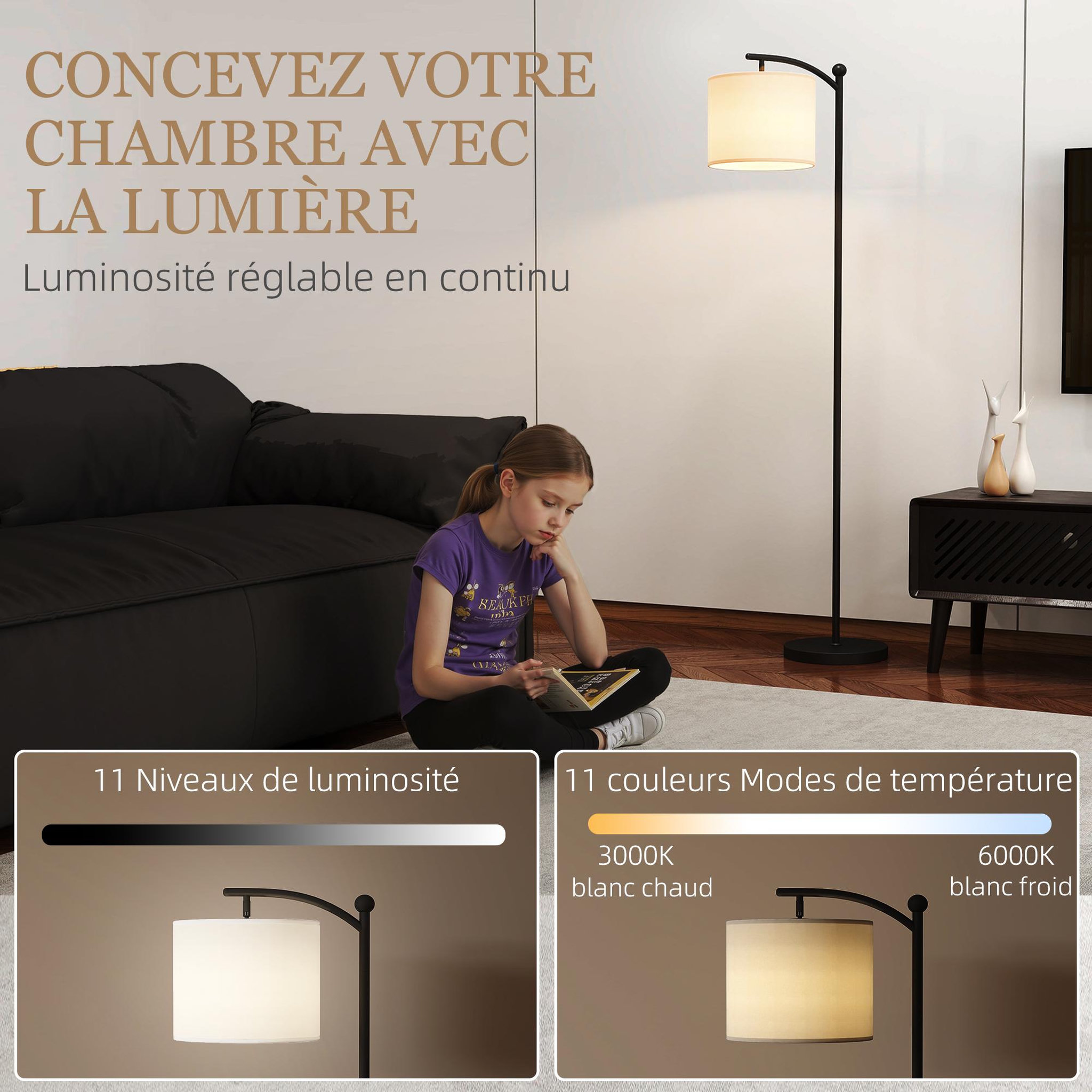 Voir la diapositive 5 : HOMCOM Lampadaire dimmable H.60 cm 2 températures de couleur timer 60 min télécommande noir