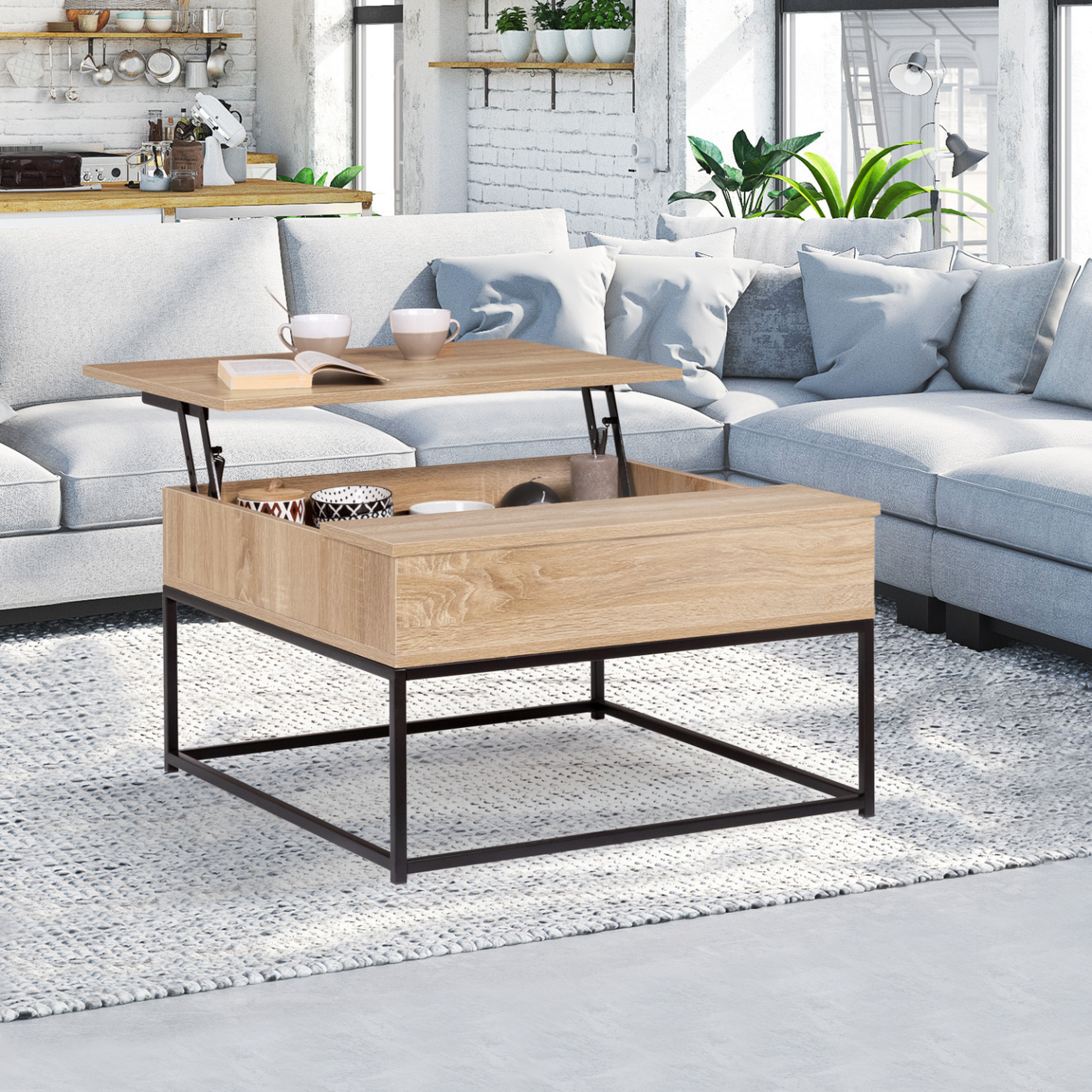 Voir la diapositive 2 : ID MARKET Table basse plateau relevable carrée detroit design industriel