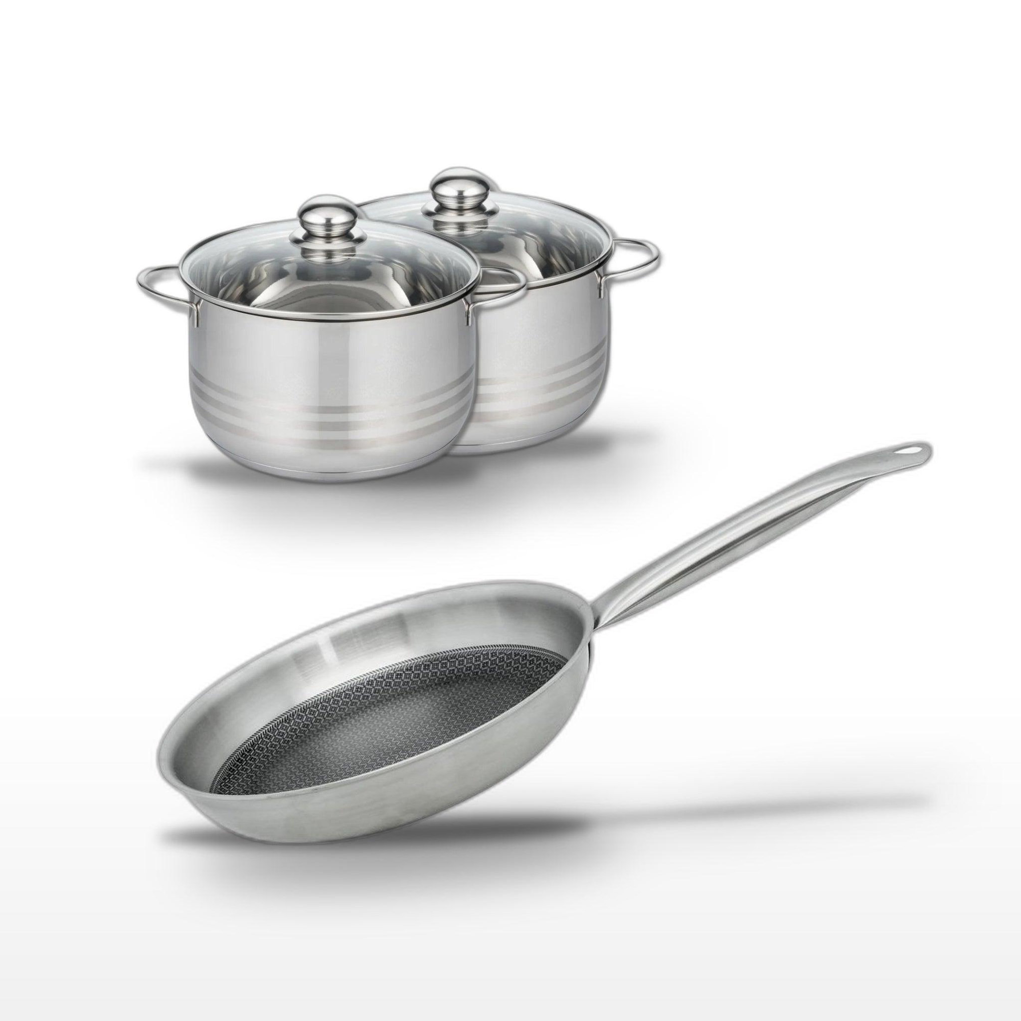 ELO Batterie de cuisine avec 1 poêle de cuisson 28 cm et 2 faitouts 20/24 cm en inox sans pfas elo collection relief solution brillant