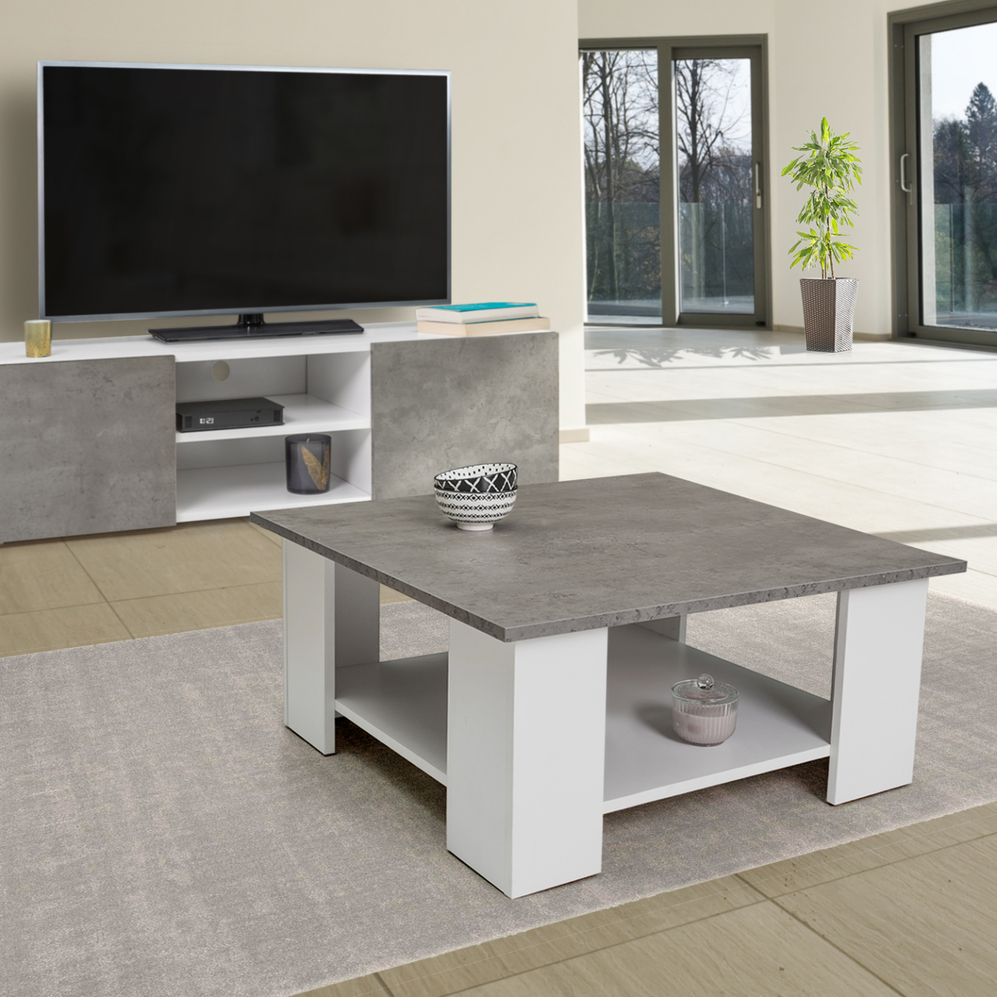 Voir la diapositive 2 : ID MARKET Table basse carrée eli blanche plateau effet béton