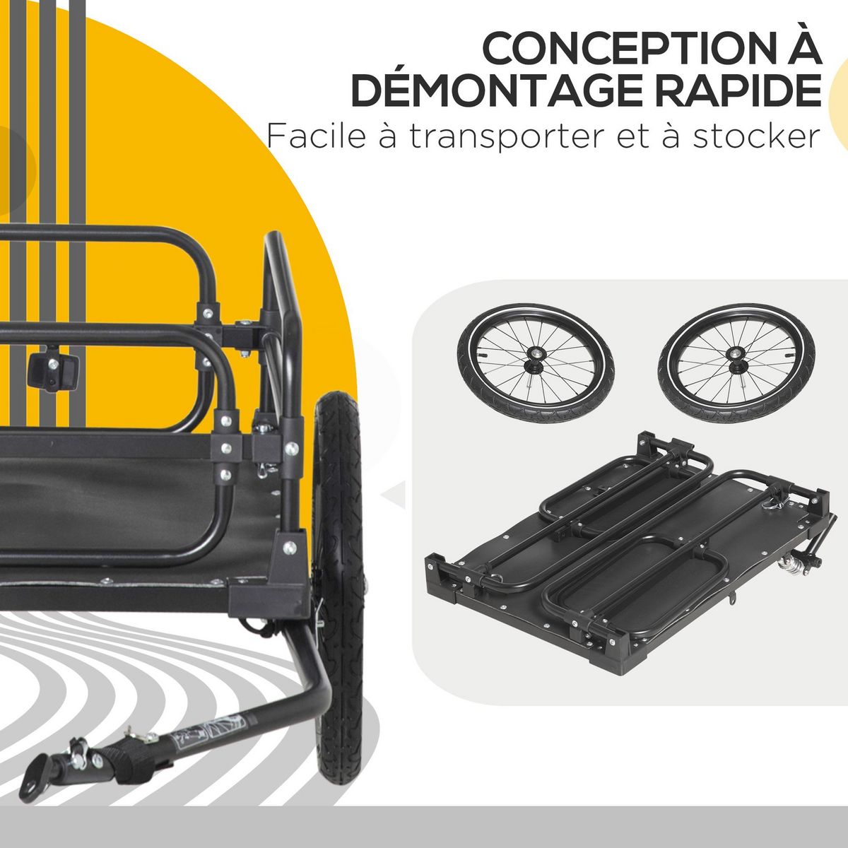 HOMCOM Remorque vélo remorque de transport pour vélo pliable 125L x 64l x 53,5H cm barre d'attelage universelle acier noir