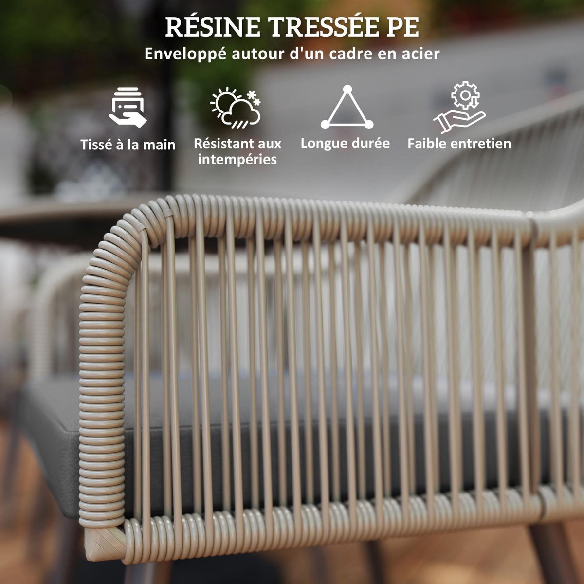 OUTSUNNY Salon de jardin 3 pièces 2 places avec coussins plateau table verre trempé noir résine filaire gris