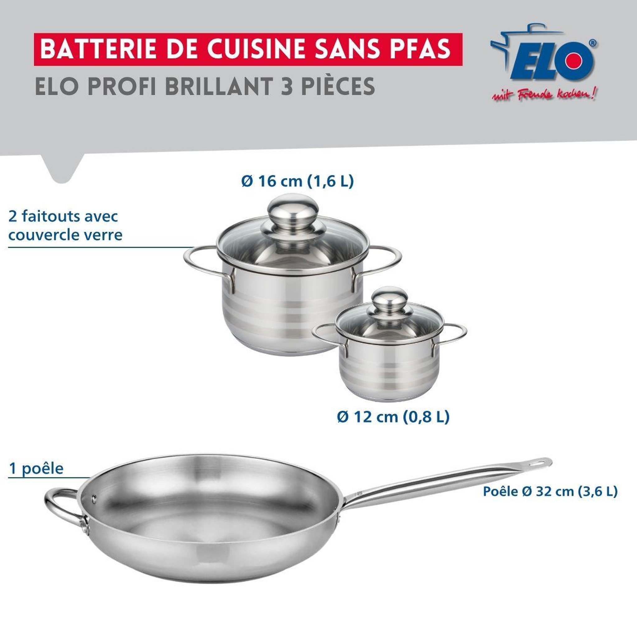 Voir la diapositive 2 : ELO Ensemble de 1 poêle de cuisson 32 cm et 2 faitouts 12 et 16 cm elo profi brillant
