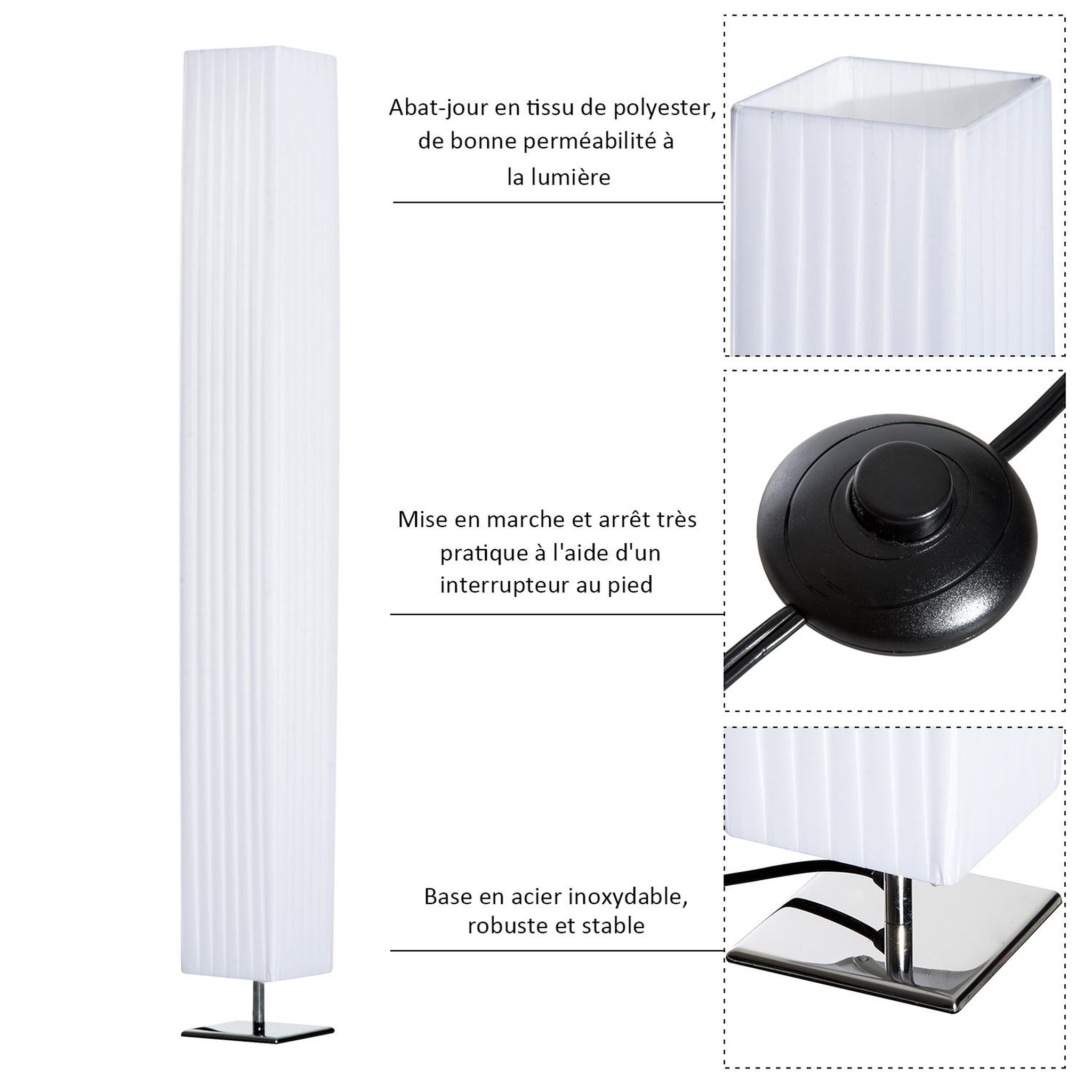 Voir la diapositive 4 : HOMCOM Lampe lampadaire colonne sur pied moderne lumière tamisée 40 w 14l x 14l x 120h cm inox blanc