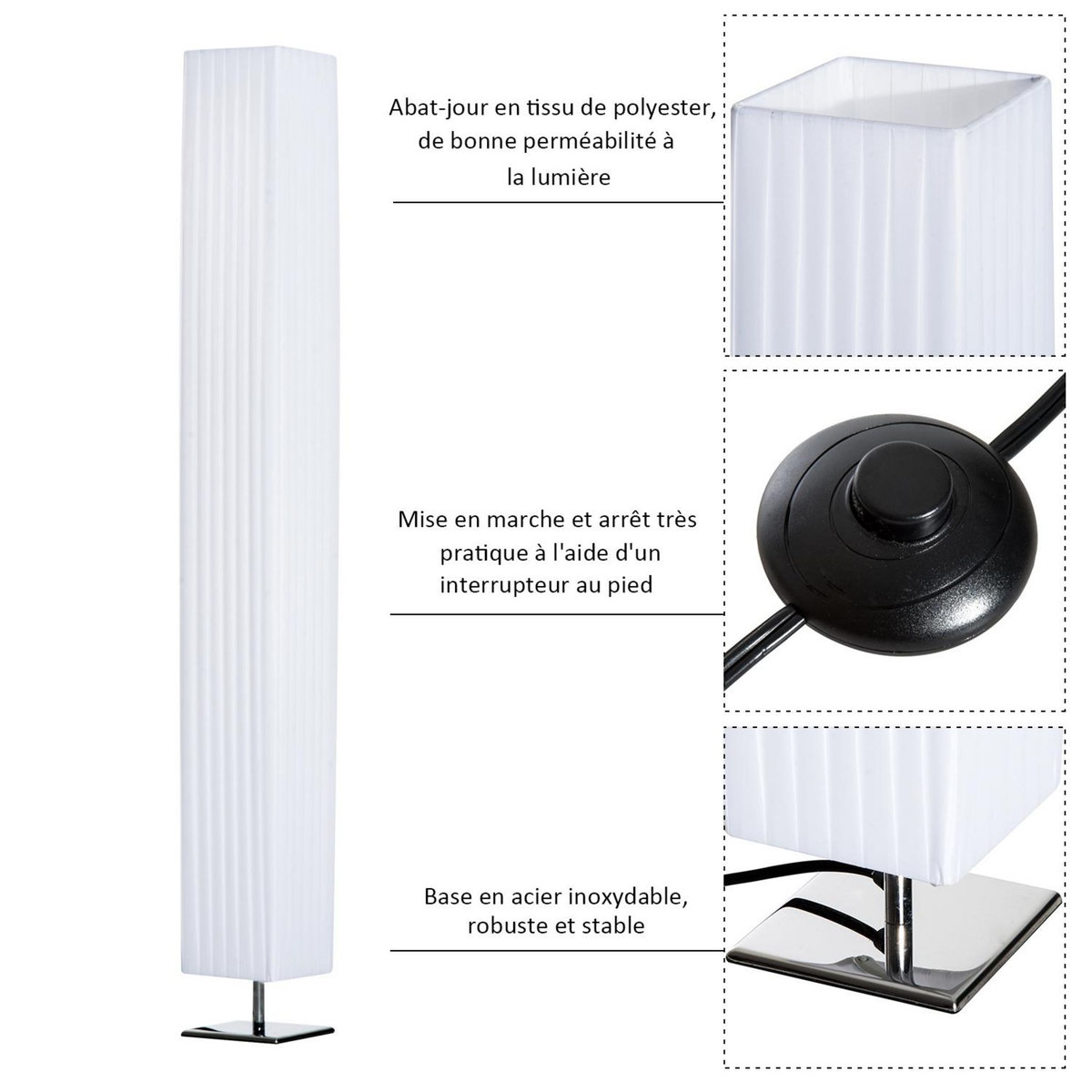 HOMCOM Lampe lampadaire colonne sur pied moderne lumière tamisée 40 W 14L x 14l x 120H cm inox blanc