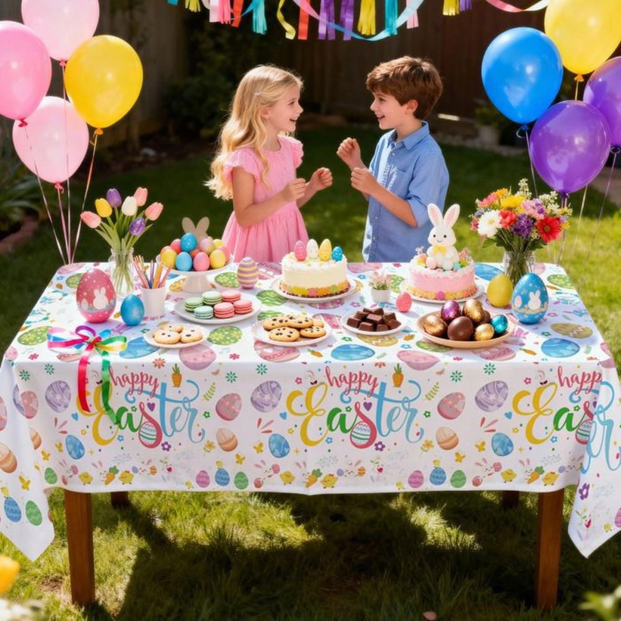 Voir la diapositive 4 : Set de nappes de Pâques 3 pièces multicolores motif lapins lavable et réutilisable
