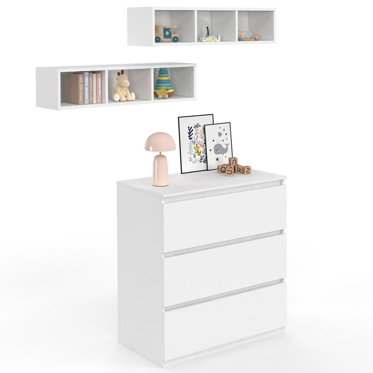 ID MARKET Commode à langer évolutive AMBRE blanc 3 tiroirs table à langer et 2 étagères amovibles