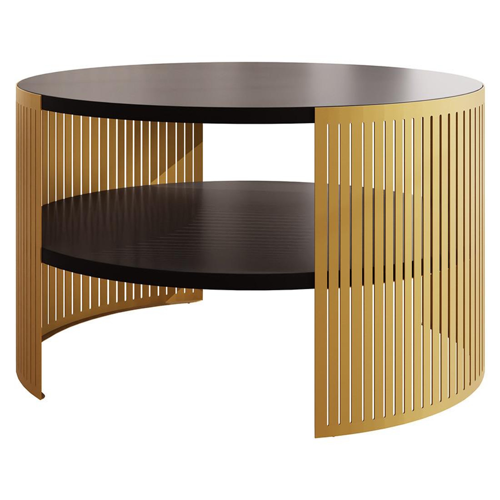 Voir la diapositive 1 : BEST MOBILIER Cruz - table basse ronde - noir et doré - 1 niche - 75 cm