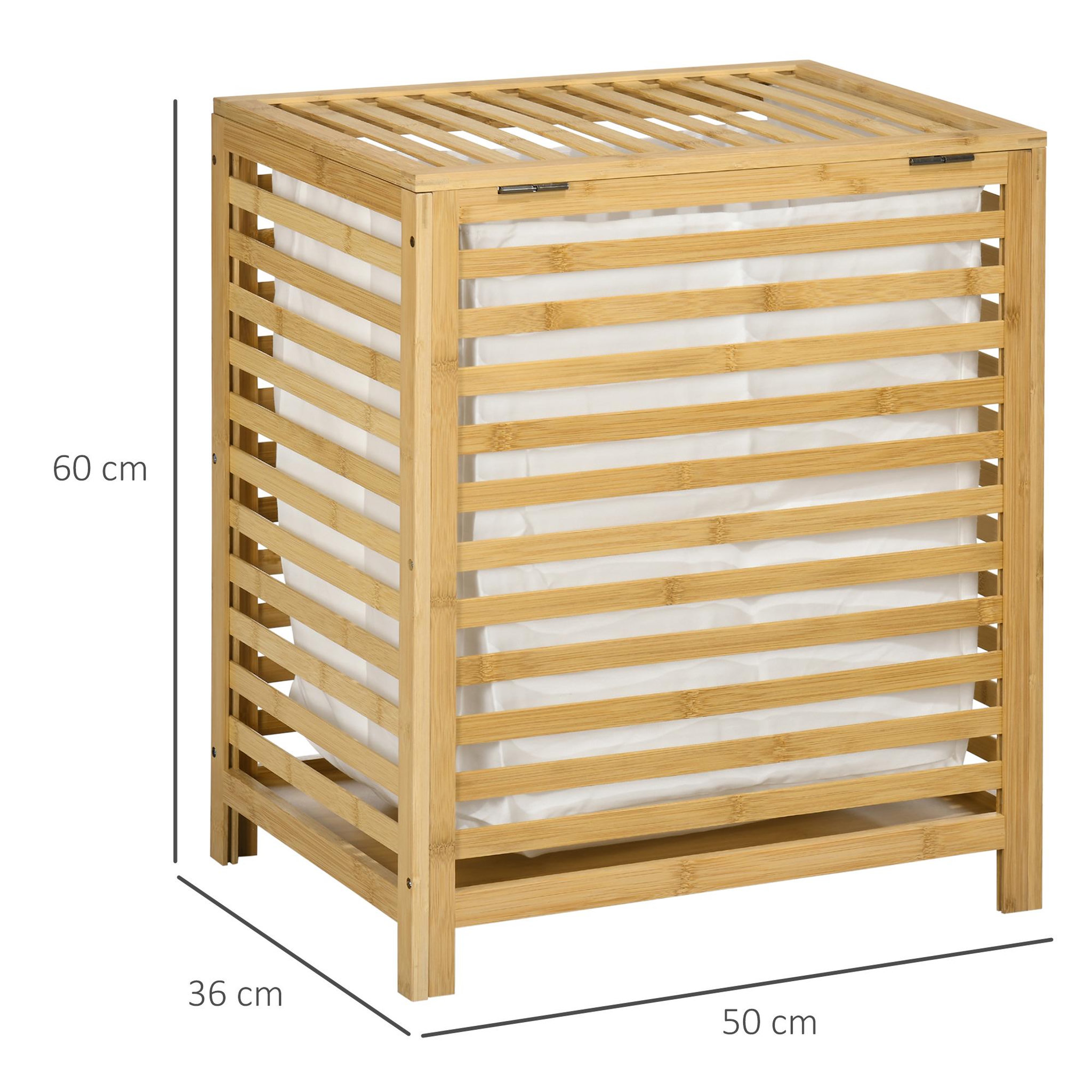 Voir la diapositive 3 : HOMCOM Panier à linge - sac en tissu amovible, couvercle - dim. 50l x 36l x 60h - bois bambou verni