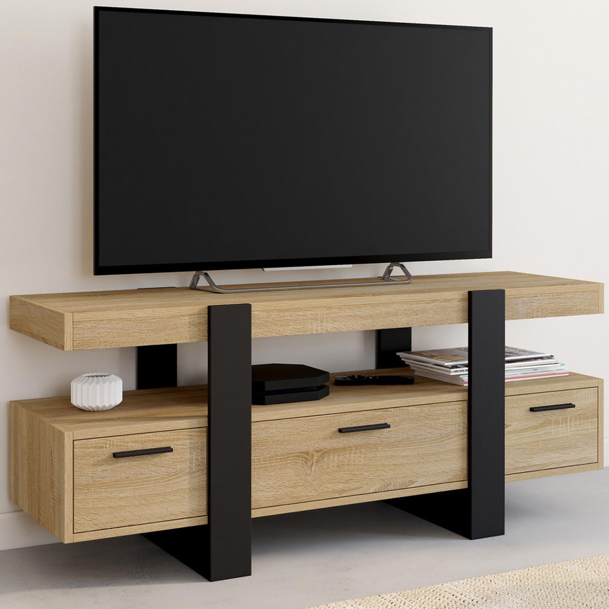 Voir la diapositive 2 : ID MARKET Meuble tv 116 cm phoenix avec tiroirs bois et noir