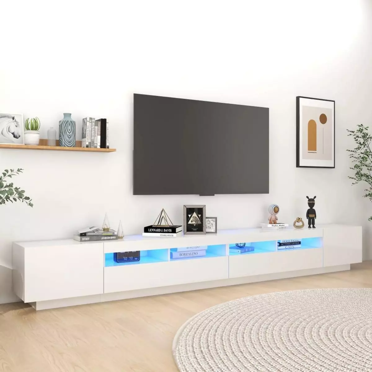 VIDAXL Meuble TV avec lumieres LED Blanc brillant 300x35x40 cm