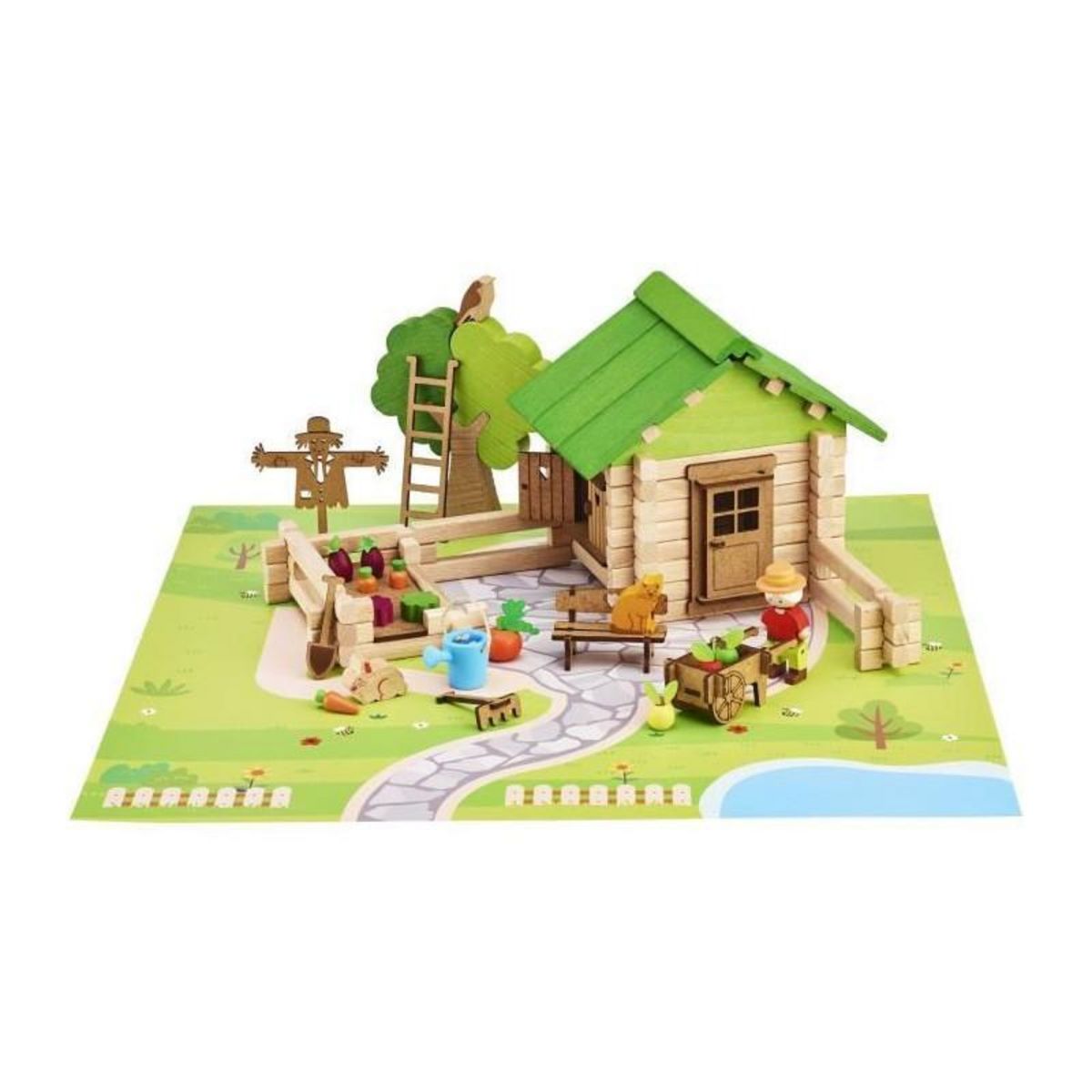 JeuJura Maison et Jardin 135 Pieces - JEUJURA - Jeu de Construction en Bois Naturel, Tapis et Accessoires Inclus, 32x27x11 cm