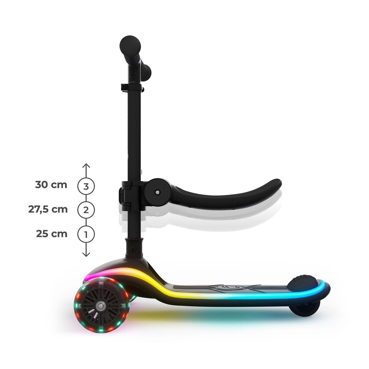 KINDERKRAFT Trottinette Kinderkraft RAKET UP 2-en-1 avec siège réglable, roues RGB LED, plateau lumineux, pliable dès bébé, Noir