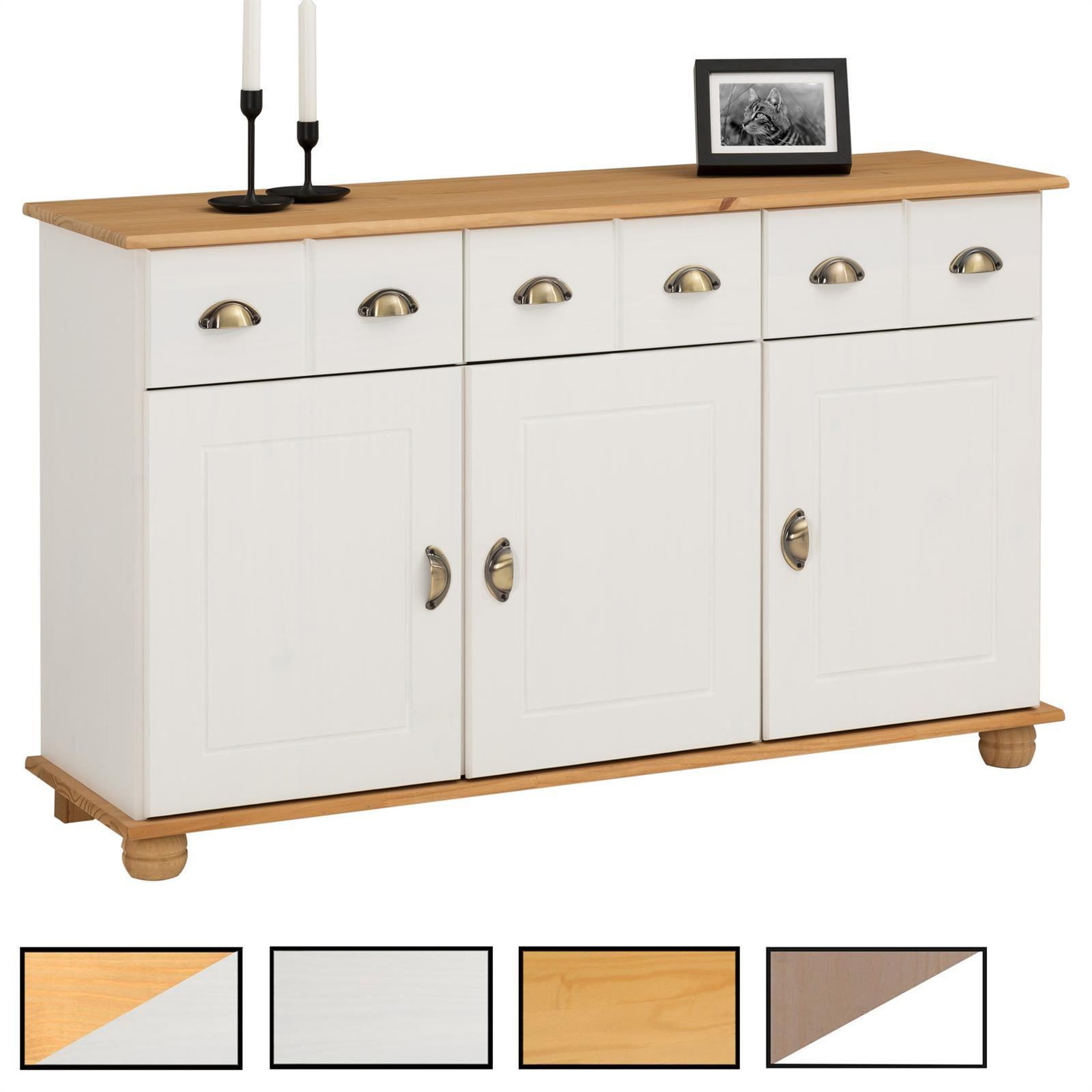 IDIMEX Buffet COLMAR en pin massif, 3 tiroirs et 3 portes. Coloris disponibles : Bicolore, Blanc