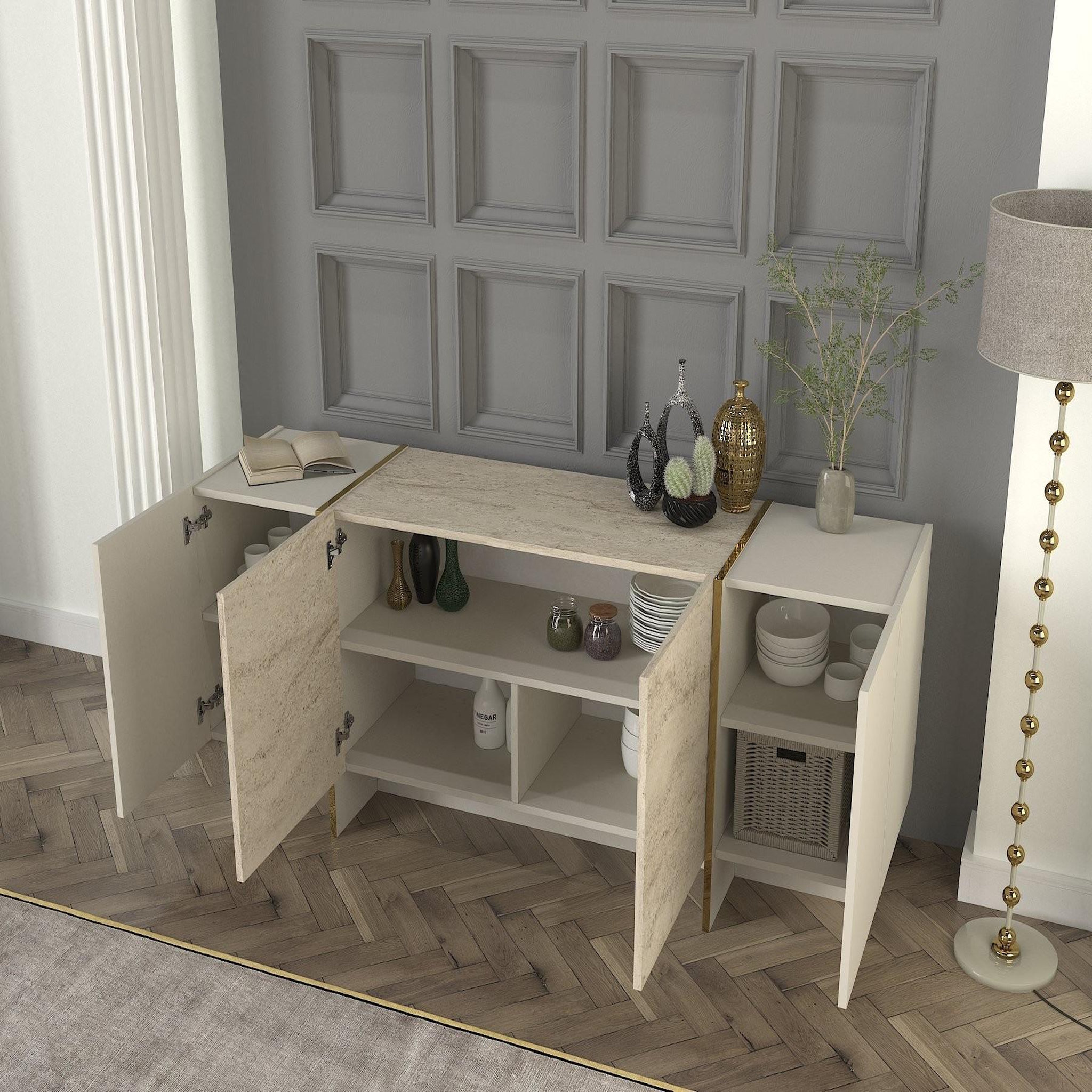 Voir la diapositive 4 : Habitat et Jardin Buffet en bois  veyron  - 180 x 46 x 75 cm - travertin, grès