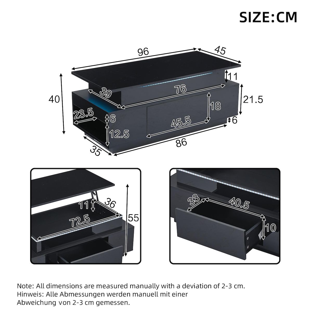 MERAX Table basse relevable rectangulaire noir - 45x96 cm led panneau de particules
