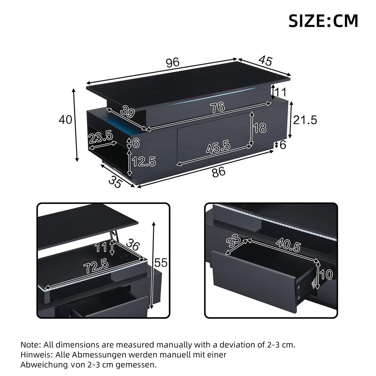 MERAX Table basse relevable rectangulaire noir - 45x96 cm led panneau de particules