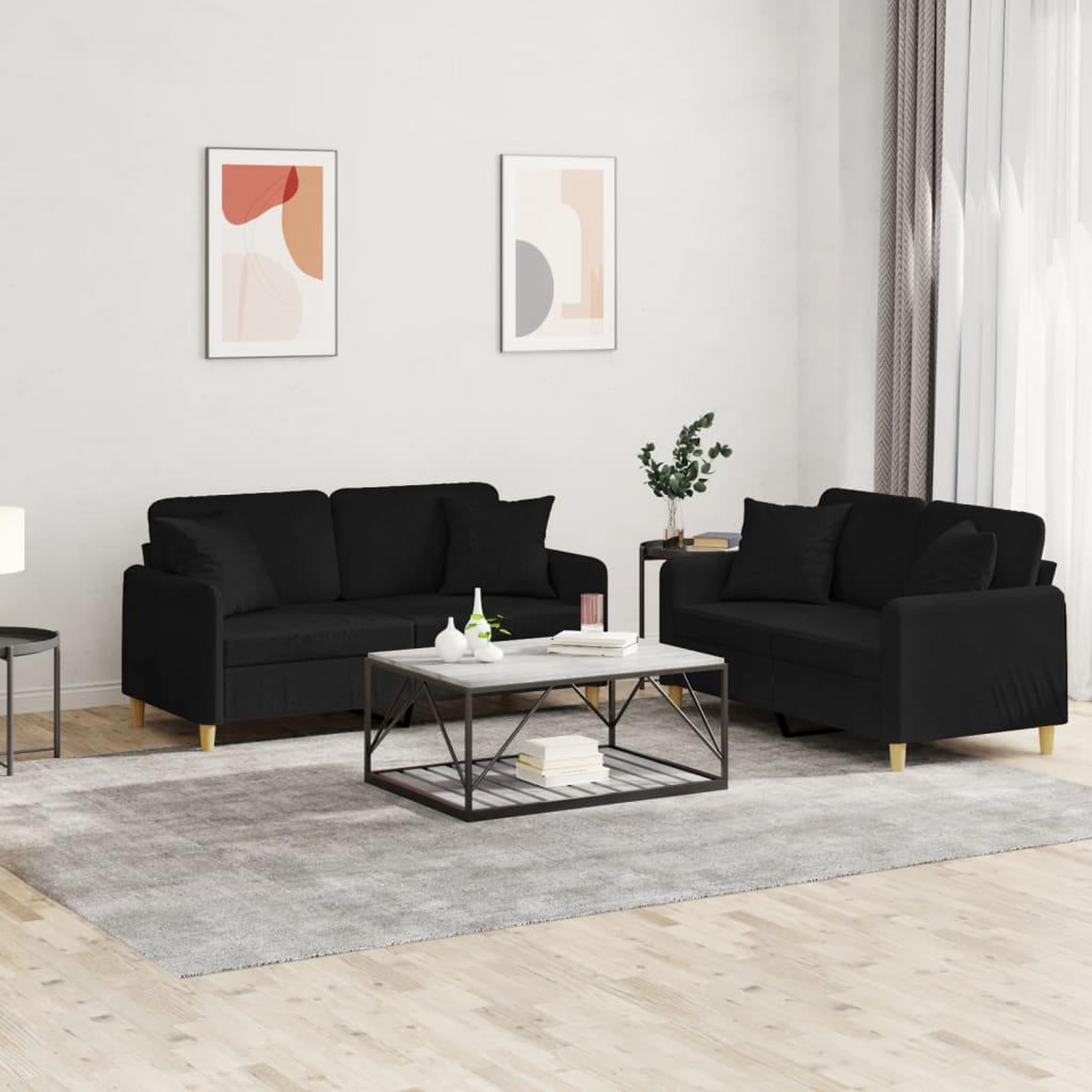 VIDAXL Ensemble de canapes 2 pcs avec coussins noir tissu