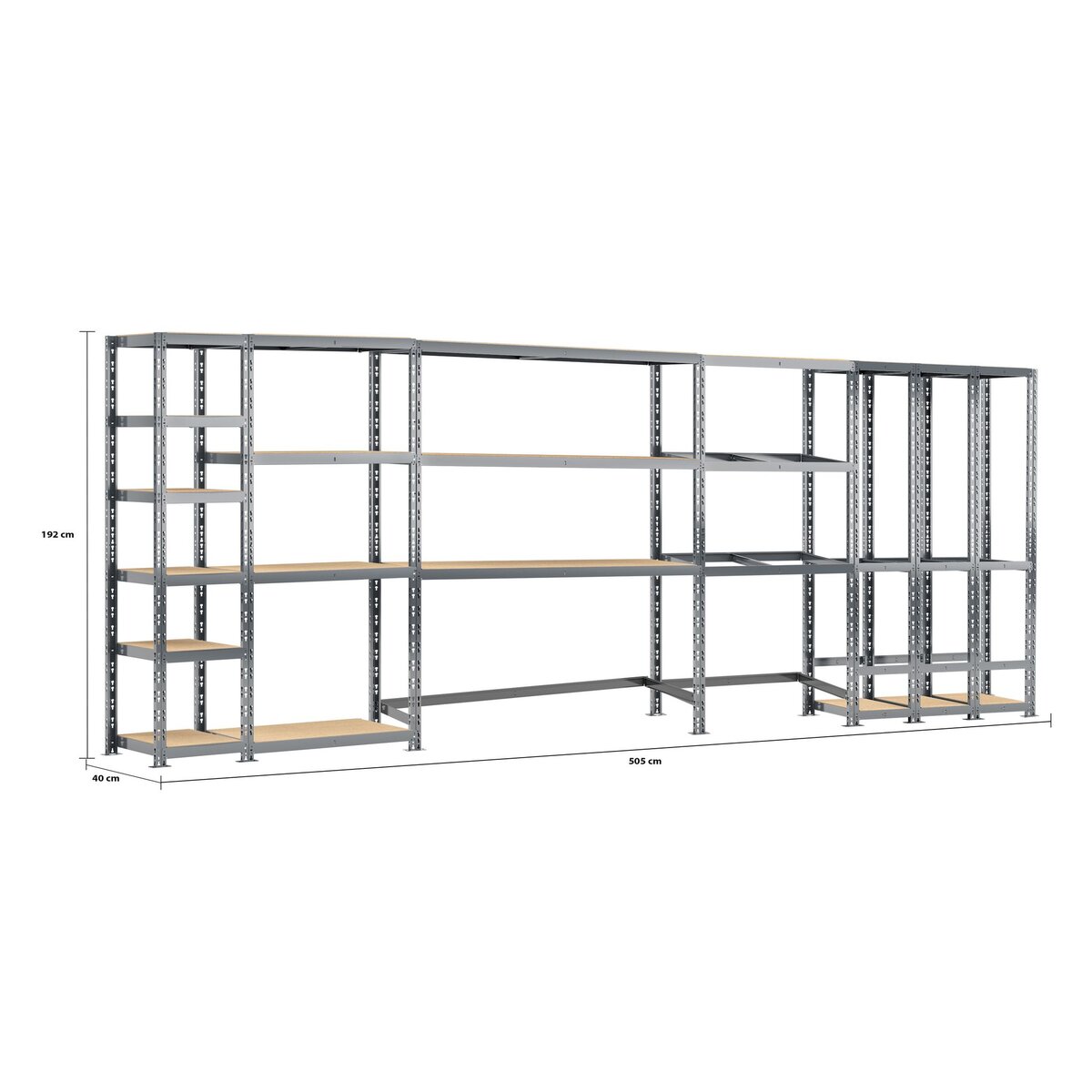 Concept rangement de garage MODULÖ STORAGE SYSTEME EXTENSION 5 étagères 16 plateaux longueur 505 cm