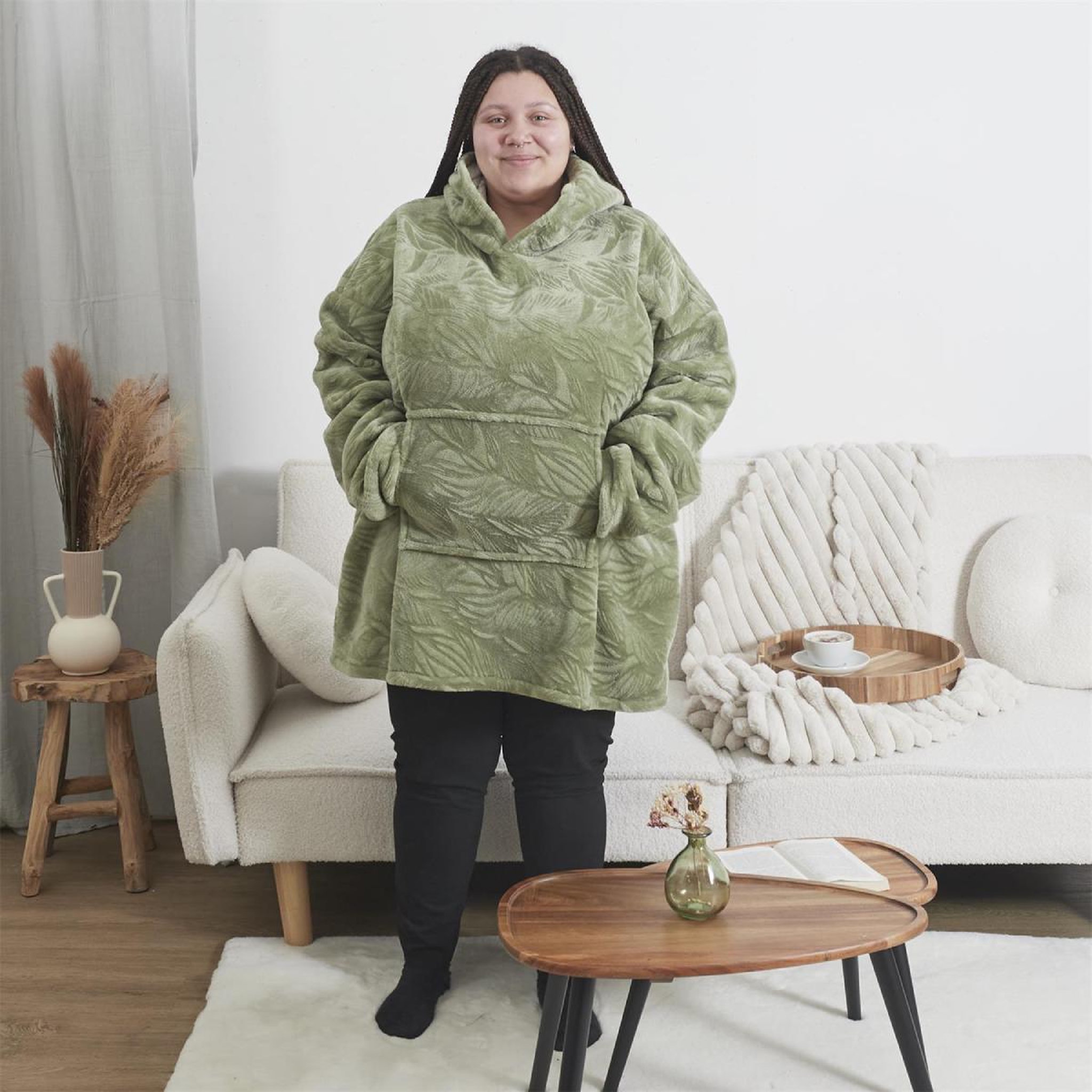 Voir la diapositive 2 : The Home Deco Factory Plaid sweat à capuche  natural  85x118cm vert