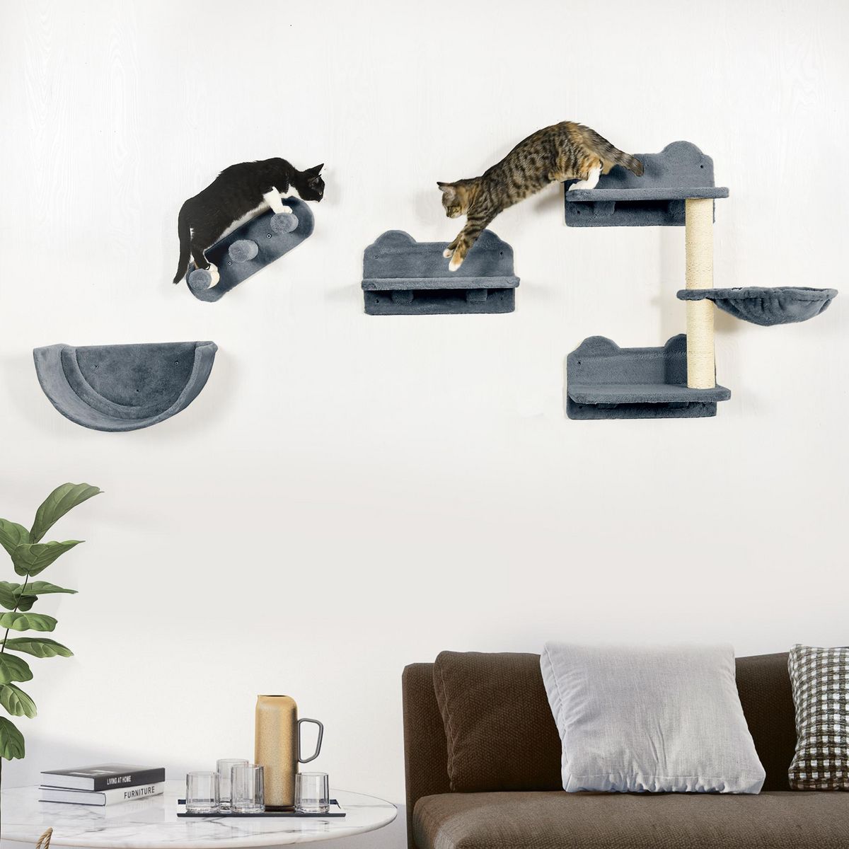 PAWHUT Mur d'escalade pour chat - arbre à chat design mural - griffoirs, plateformes, 2 paniers, échelle - sisal peluche gris