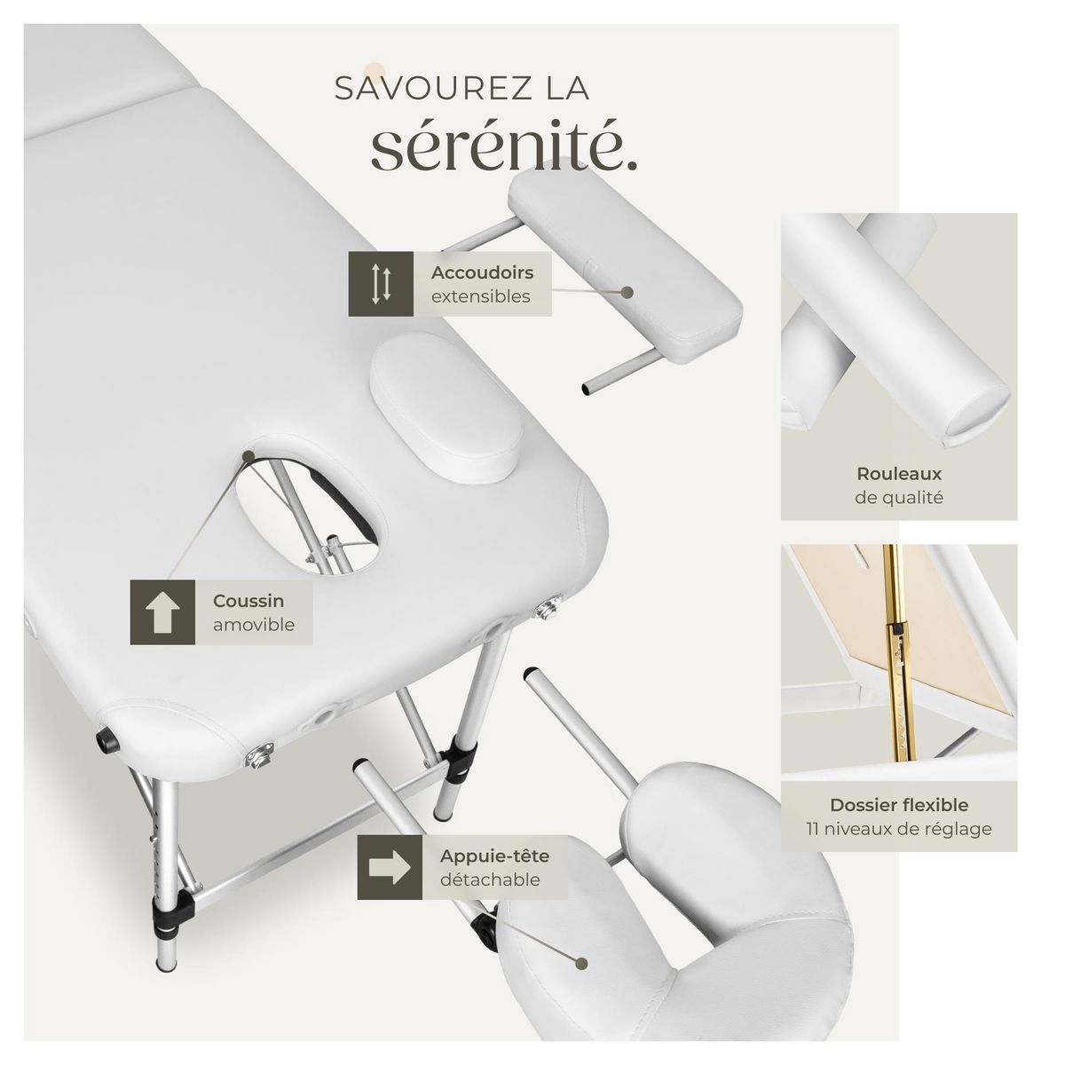 tectake Table de massage portable pliante à 3 zones largeur 60 cm et rembourrage de 5 cm blanc