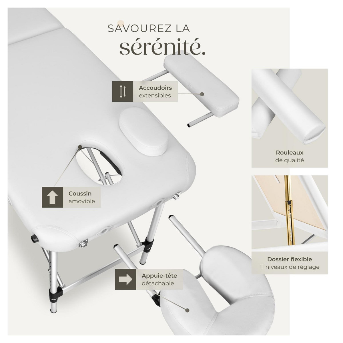 tectake Table de massage portable pliante à 3 zones largeur 60 cm et rembourrage de 5 cm blanc