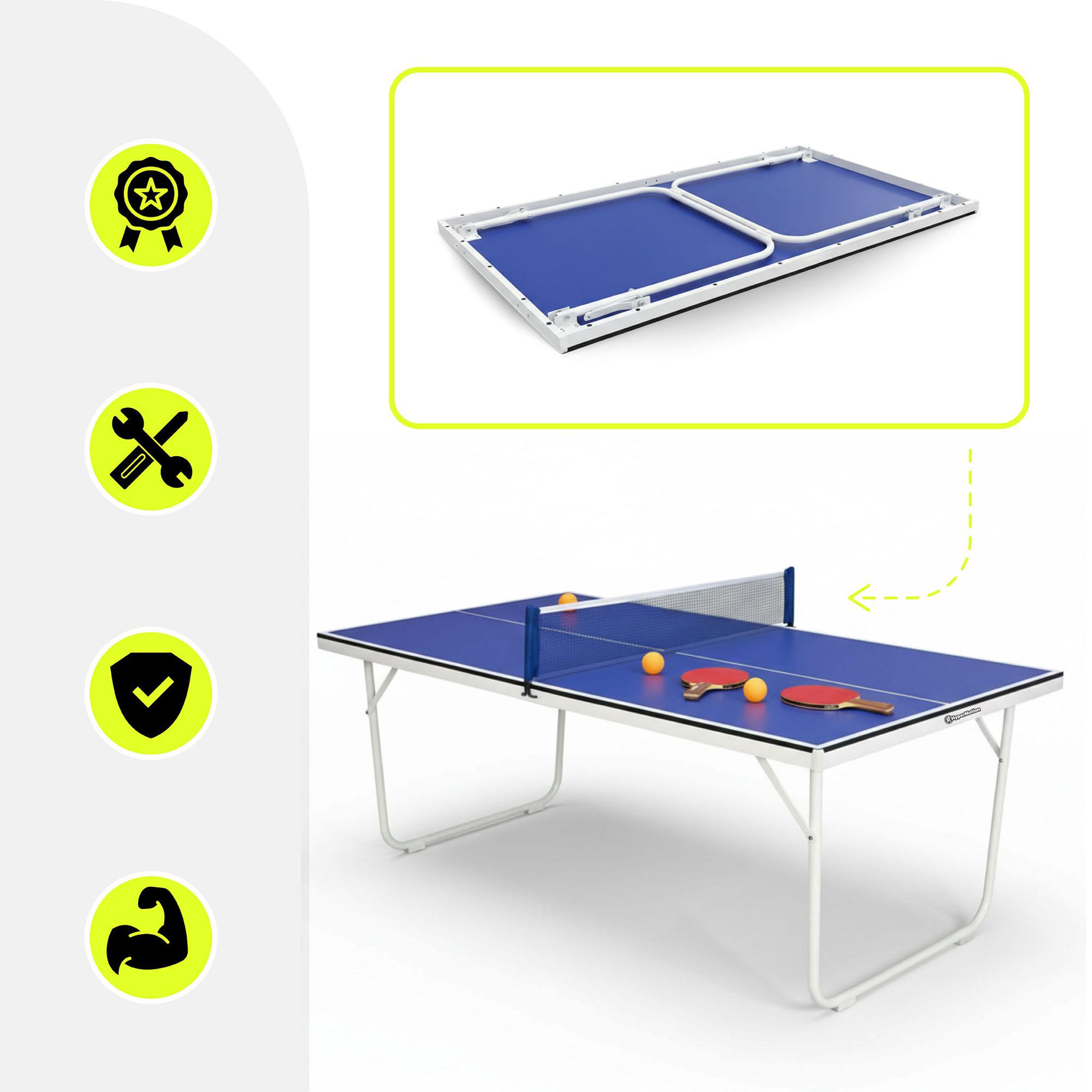 Voir la diapositive 6 : HYPERMOTION Table de ping-pong pliable HyperMotion bleue avec 2 raquettes, filet et balless-