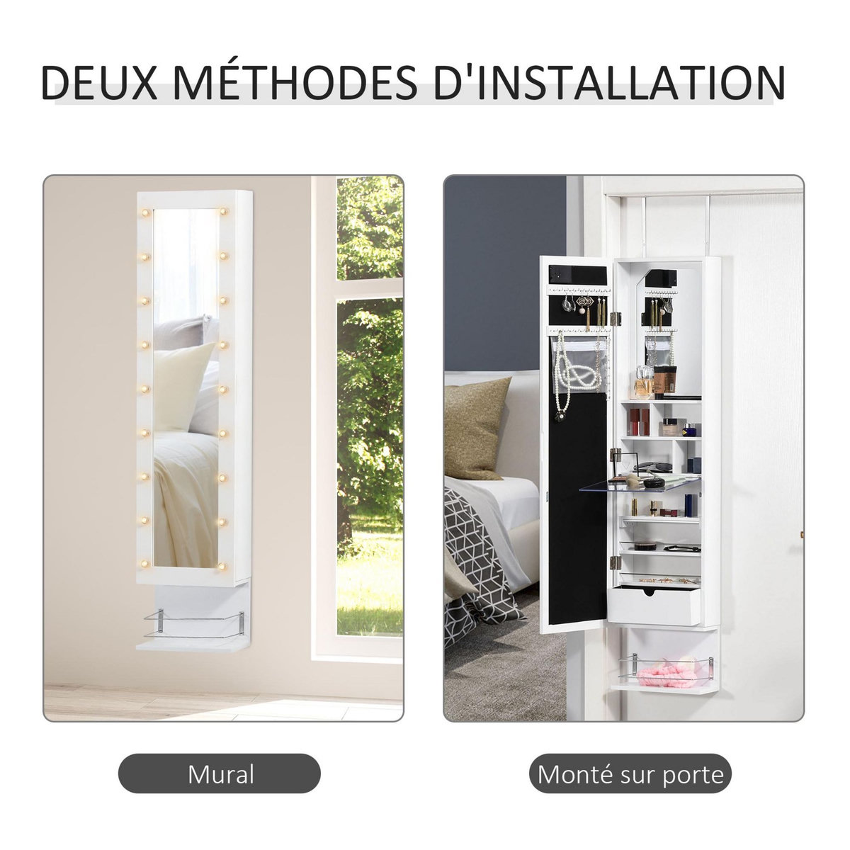 HOMCOM Armoire à bijoux avec miroir  multi-rangement éclairage LED à suspendre blanc