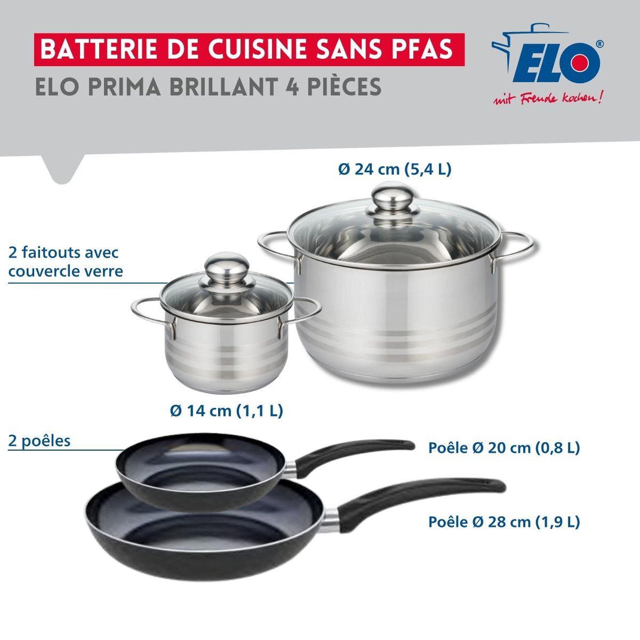 Voir la diapositive 2 : ELO Ensemble de 2 poêles de cuisson 20 et 28 cm et 2 faitouts 14 et 24 cm elo prima brillant
