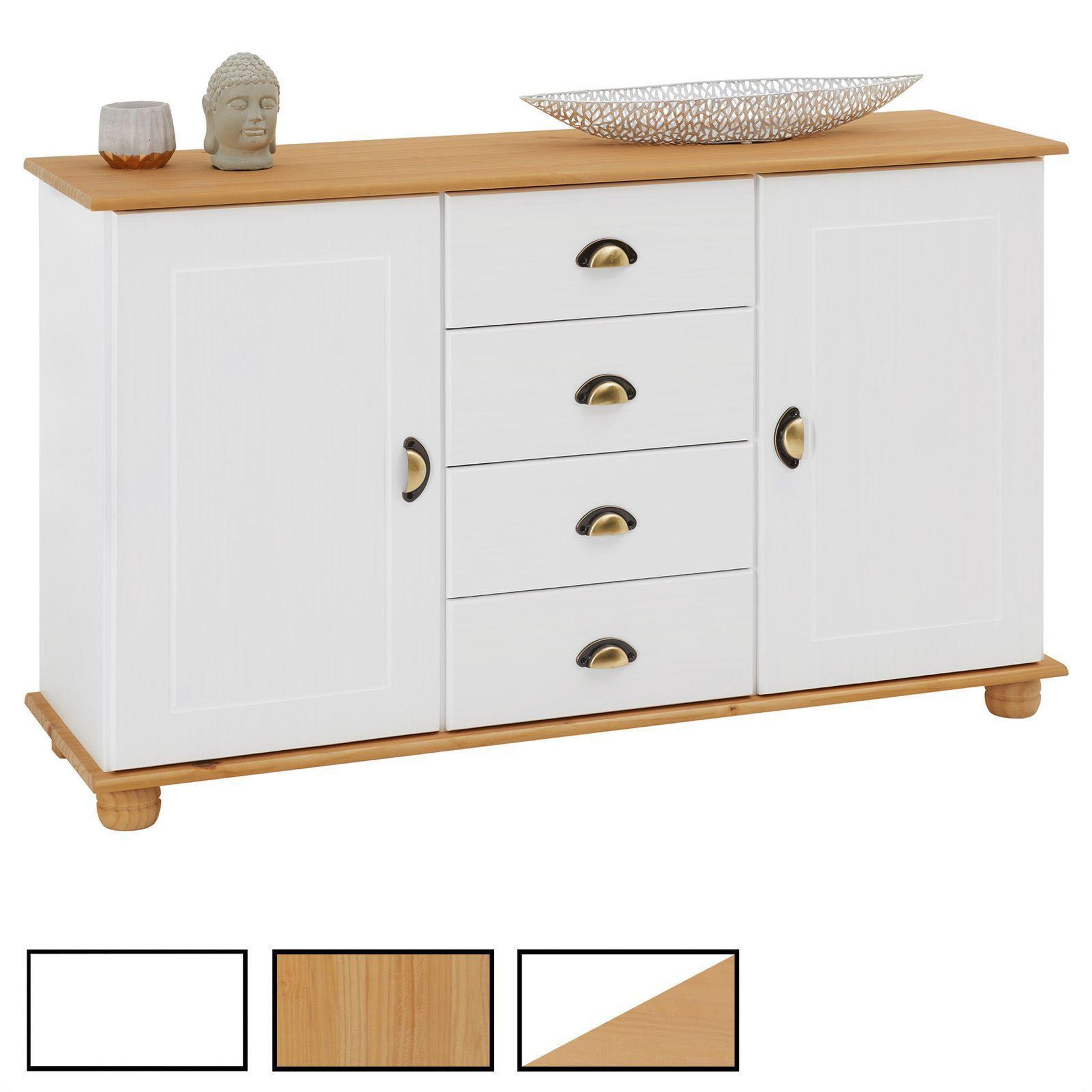 IDIMEX Buffet COLMAR en pin massif, 4 tiroirs et 2 portes. Coloris disponibles : Bicolore