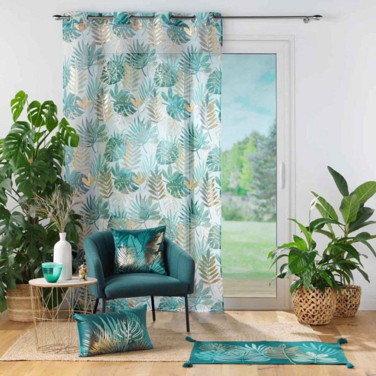 Paris Prix Rideau Voilage à Œillets  Ornella  140x240cm Blanc & Émeraude