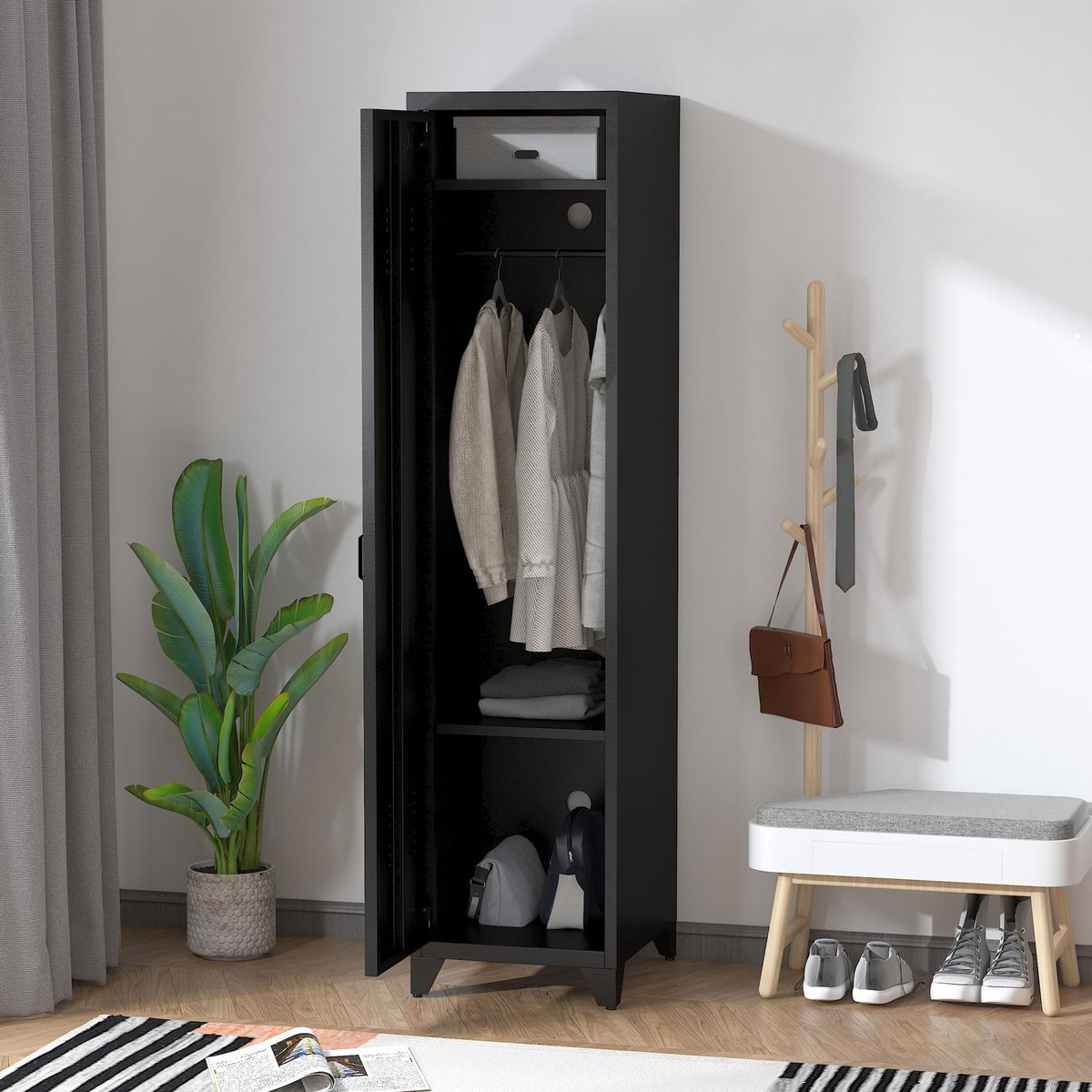 HOMCOM Armoire vestiaire métal design industriel - barre penderie, 3 étagères - dim. 43L x 50l x 180H cm - métal noir