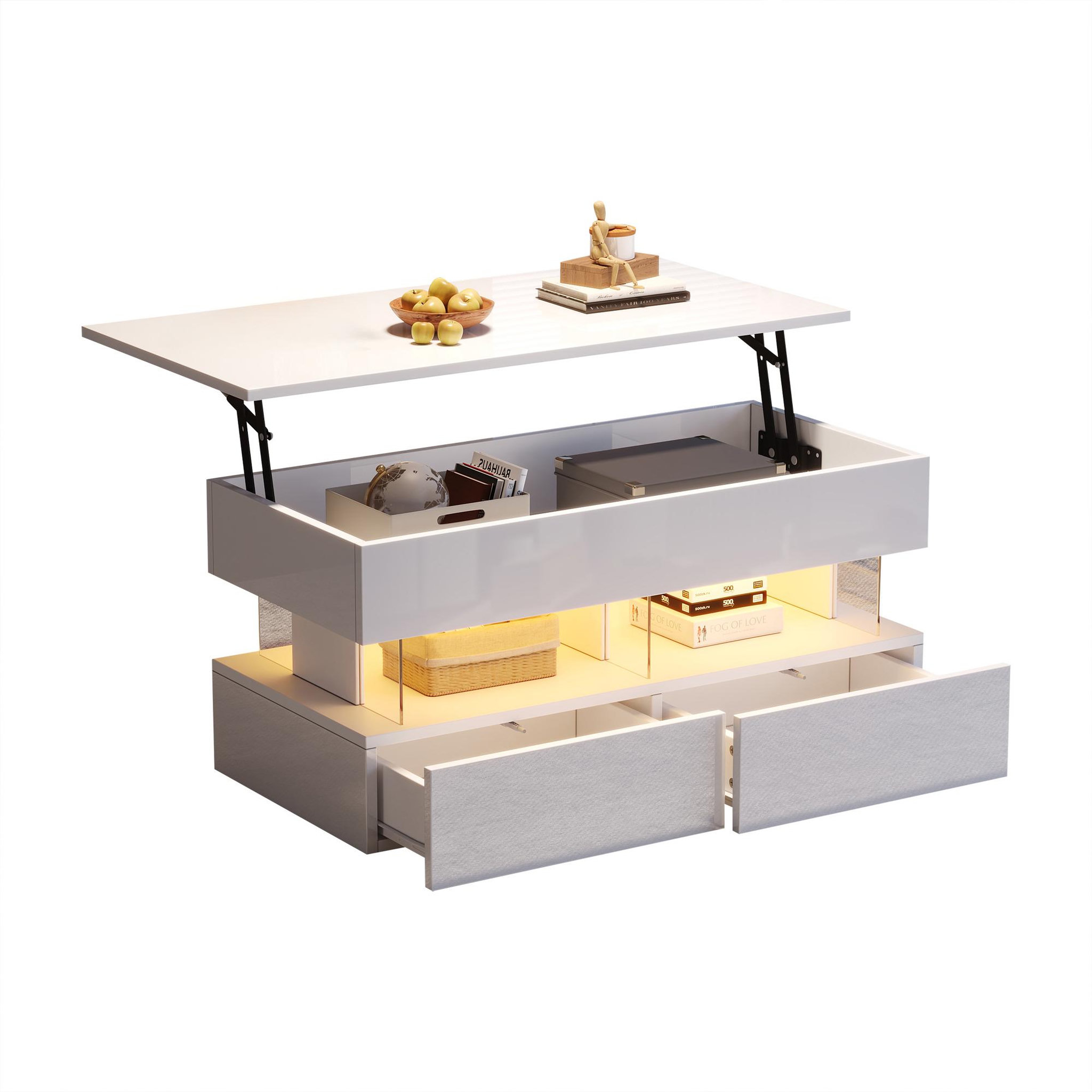 MERAX Table basse relevable rectangulaire blanc - 50x100 cm led mdf