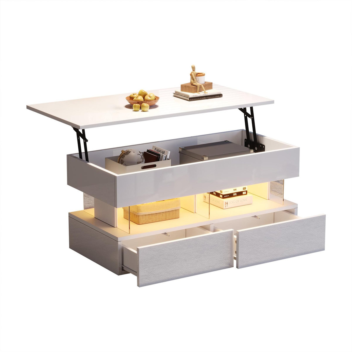 MERAX Table basse relevable rectangulaire blanc - 50x100 cm led mdf